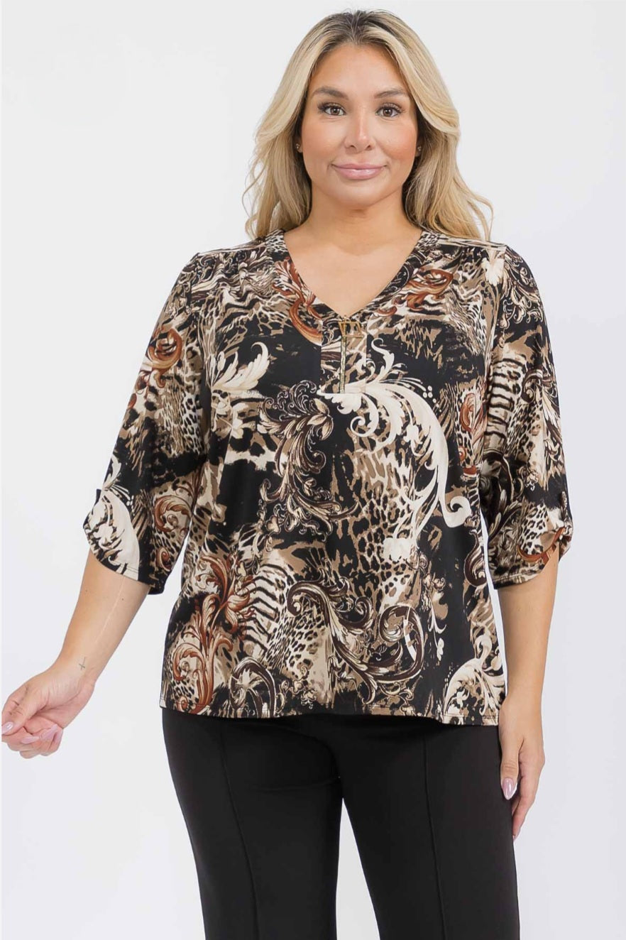 PLUS SIZE ANIMAL PRINT SQUARE ZIPPER ELBOW LENGTH TOP