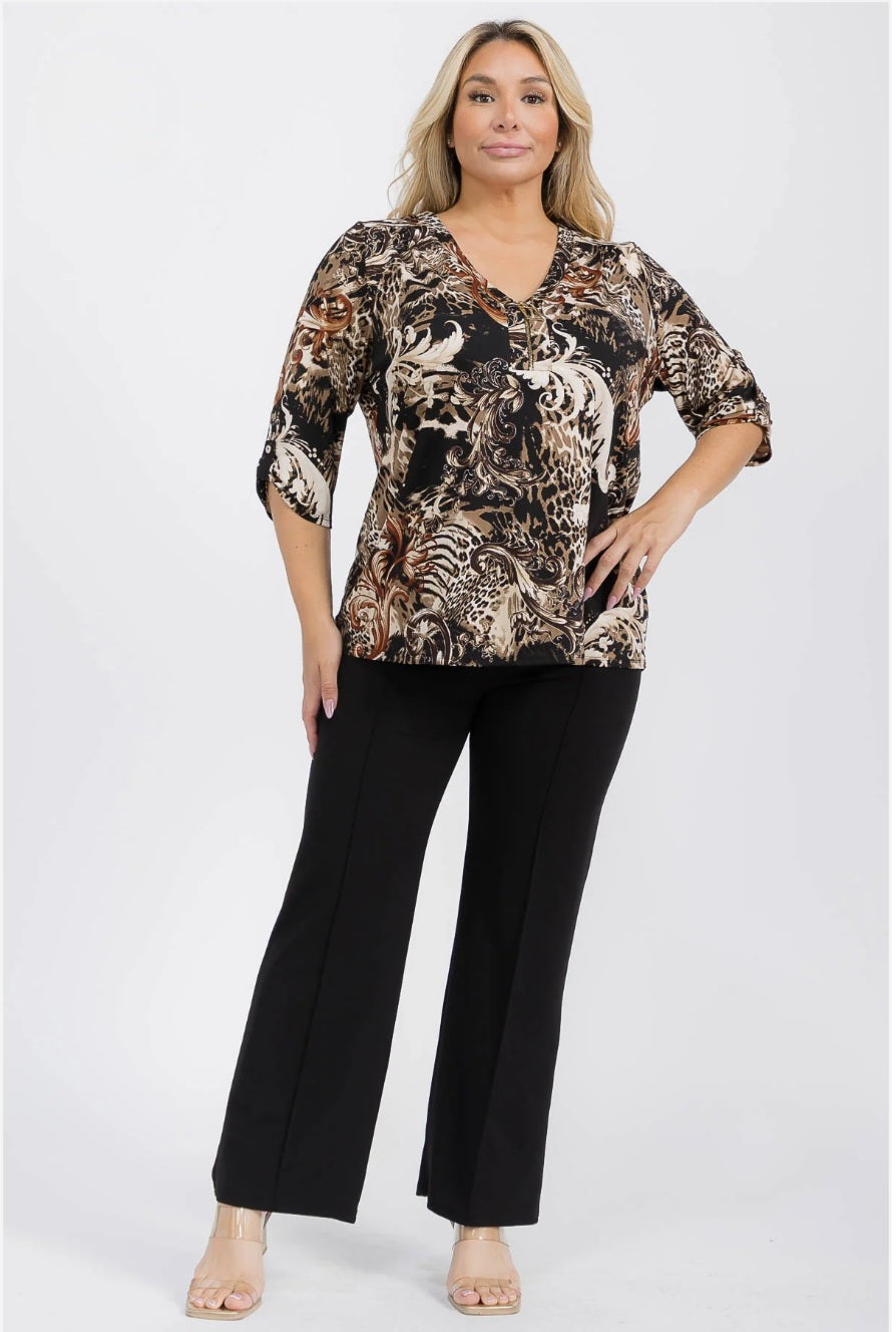 PLUS SIZE ANIMAL PRINT SQUARE ZIPPER ELBOW LENGTH TOP