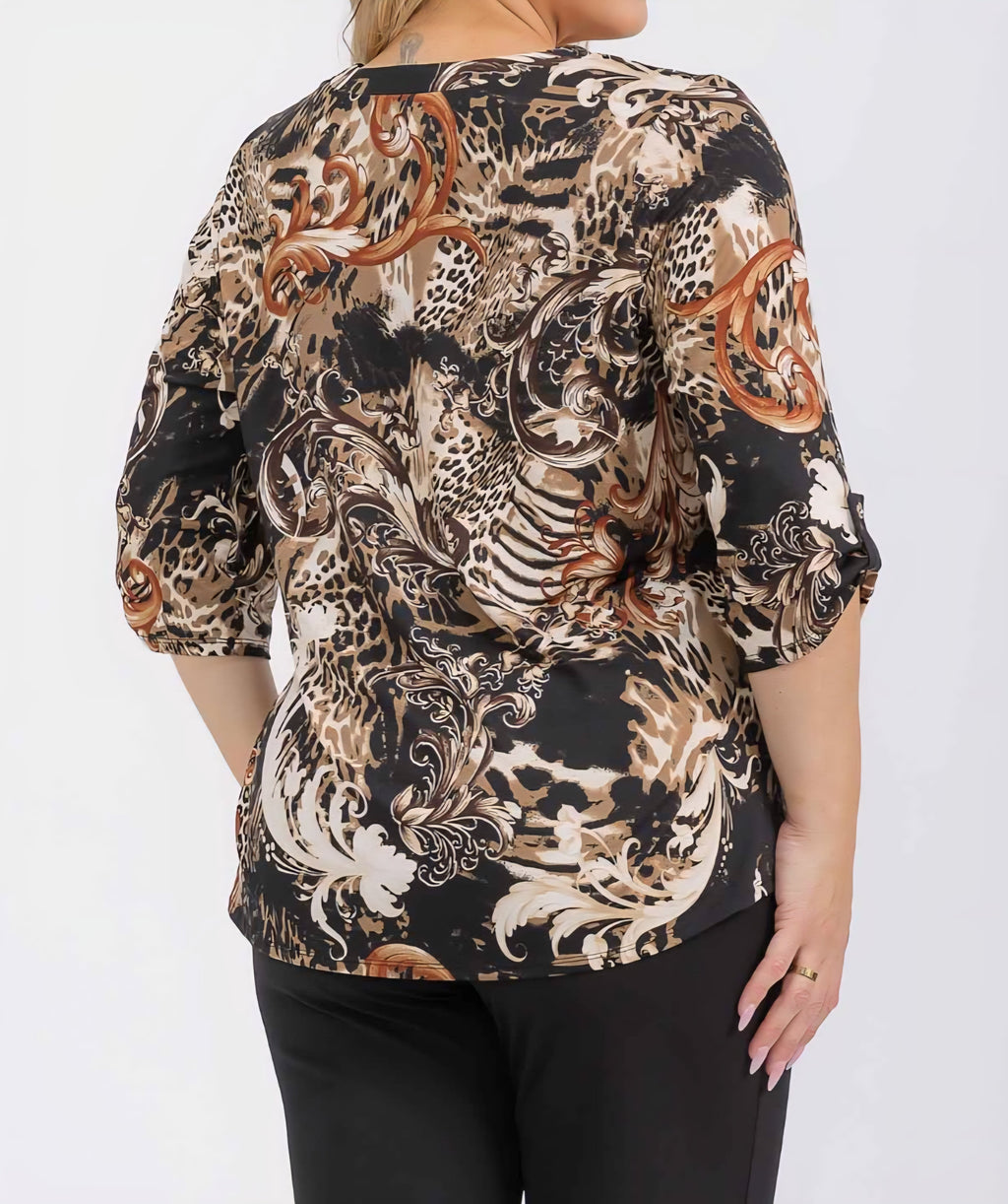 PLUS SIZE ANIMAL PRINT SQUARE ZIPPER ELBOW LENGTH TOP