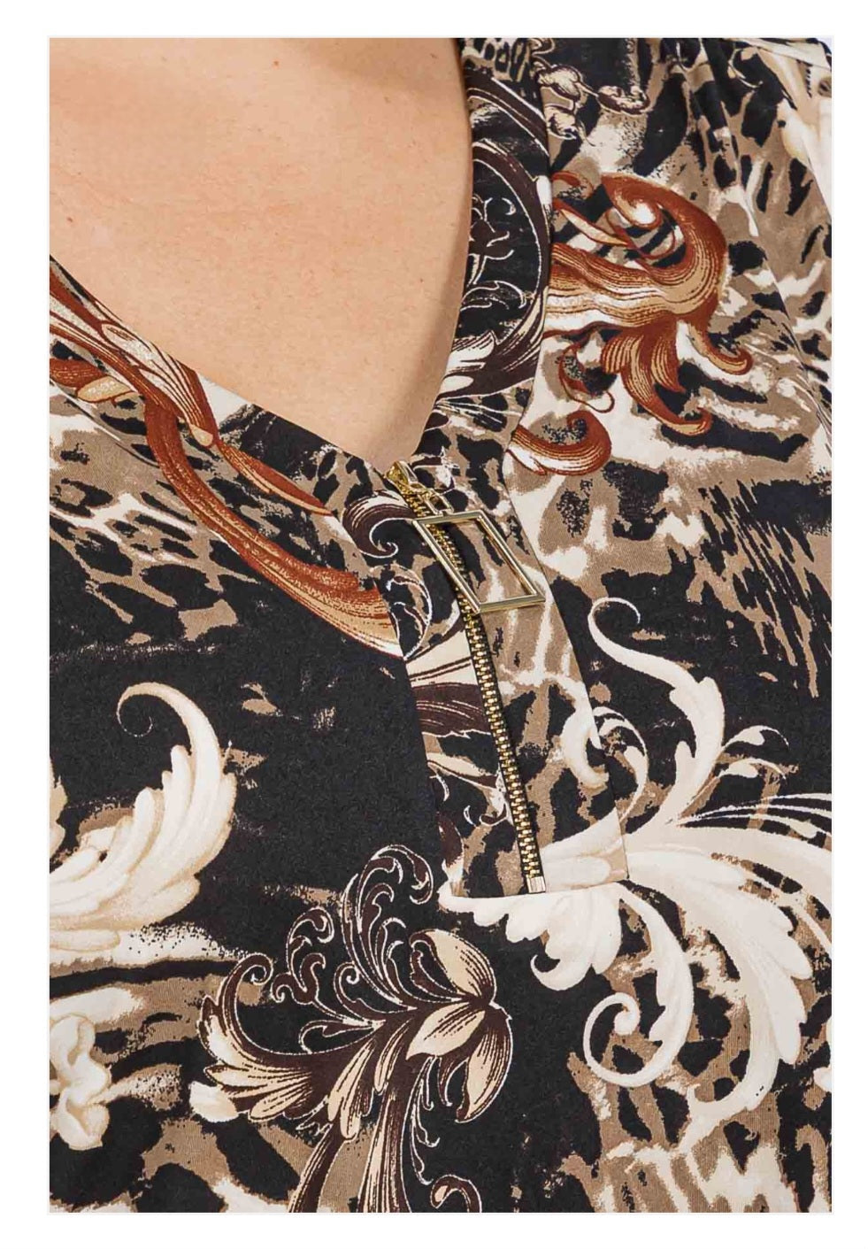 PLUS SIZE ANIMAL PRINT SQUARE ZIPPER ELBOW LENGTH TOP