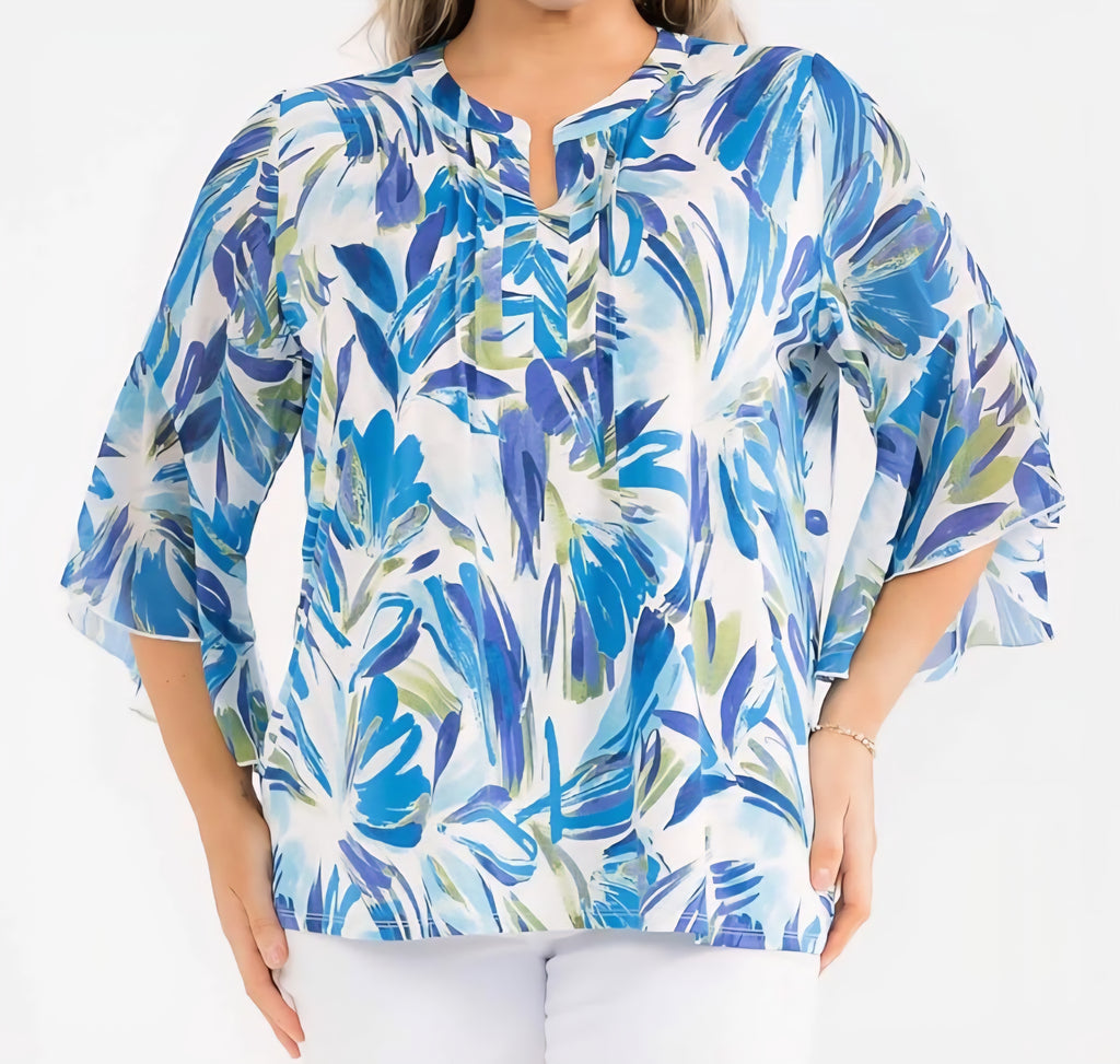 PLUS SIZE BLUE FLORAL MIX SPLIT V-NOTCH MANDARIN COLLAR 3/4 LENGTH FLARE SLEEVES