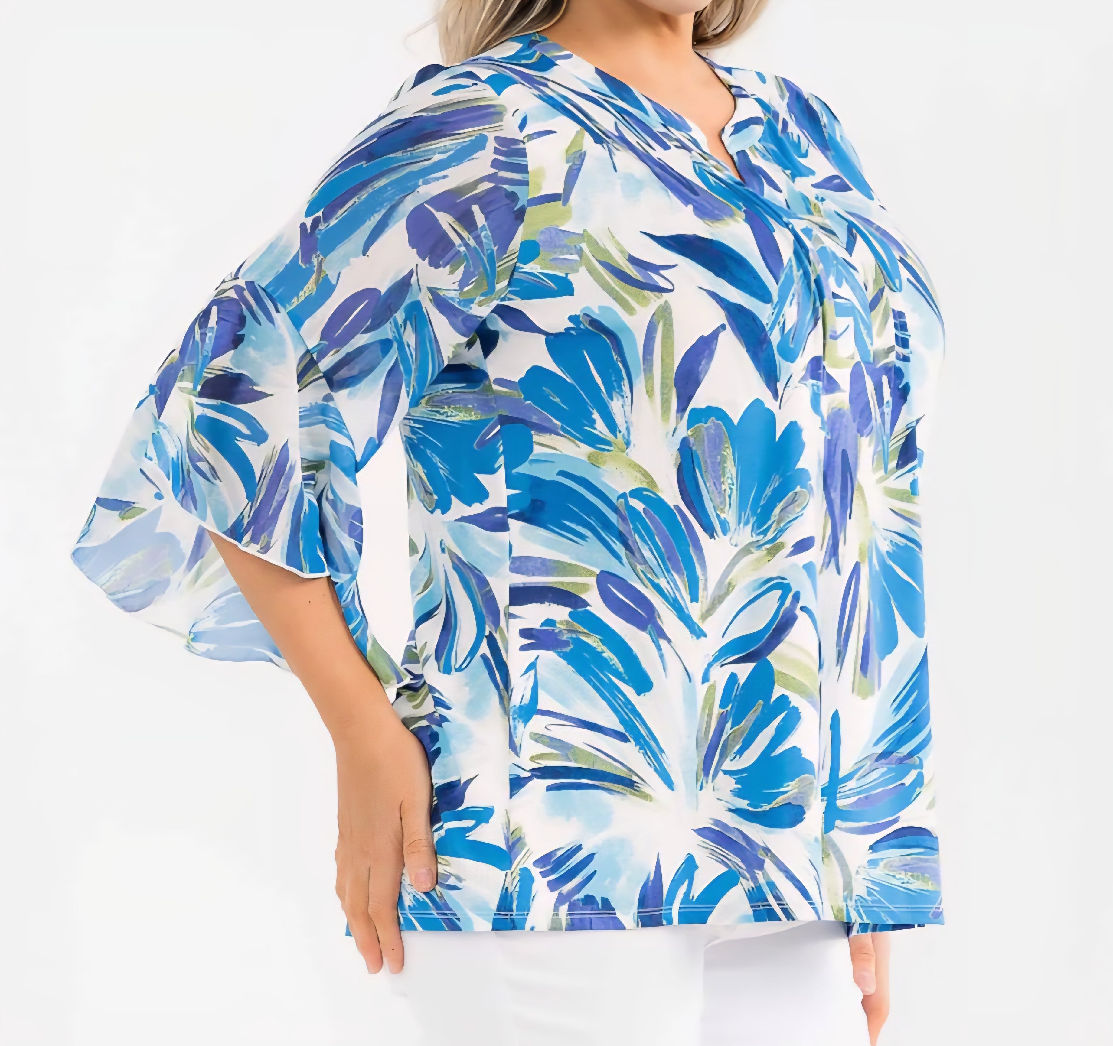PLUS SIZE BLUE FLORAL MIX SPLIT V-NOTCH MANDARIN COLLAR 3/4 LENGTH FLARE SLEEVES