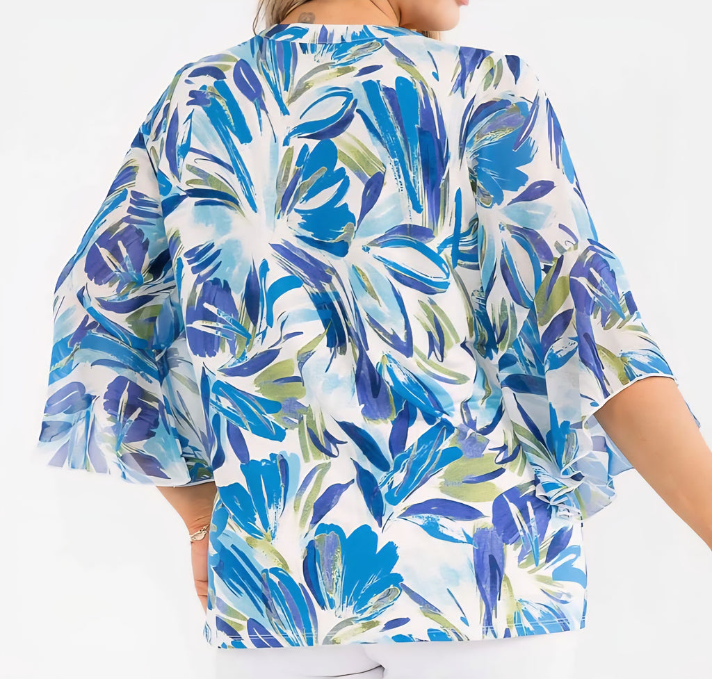 PLUS SIZE BLUE FLORAL MIX SPLIT V-NOTCH MANDARIN COLLAR 3/4 LENGTH FLARE SLEEVES