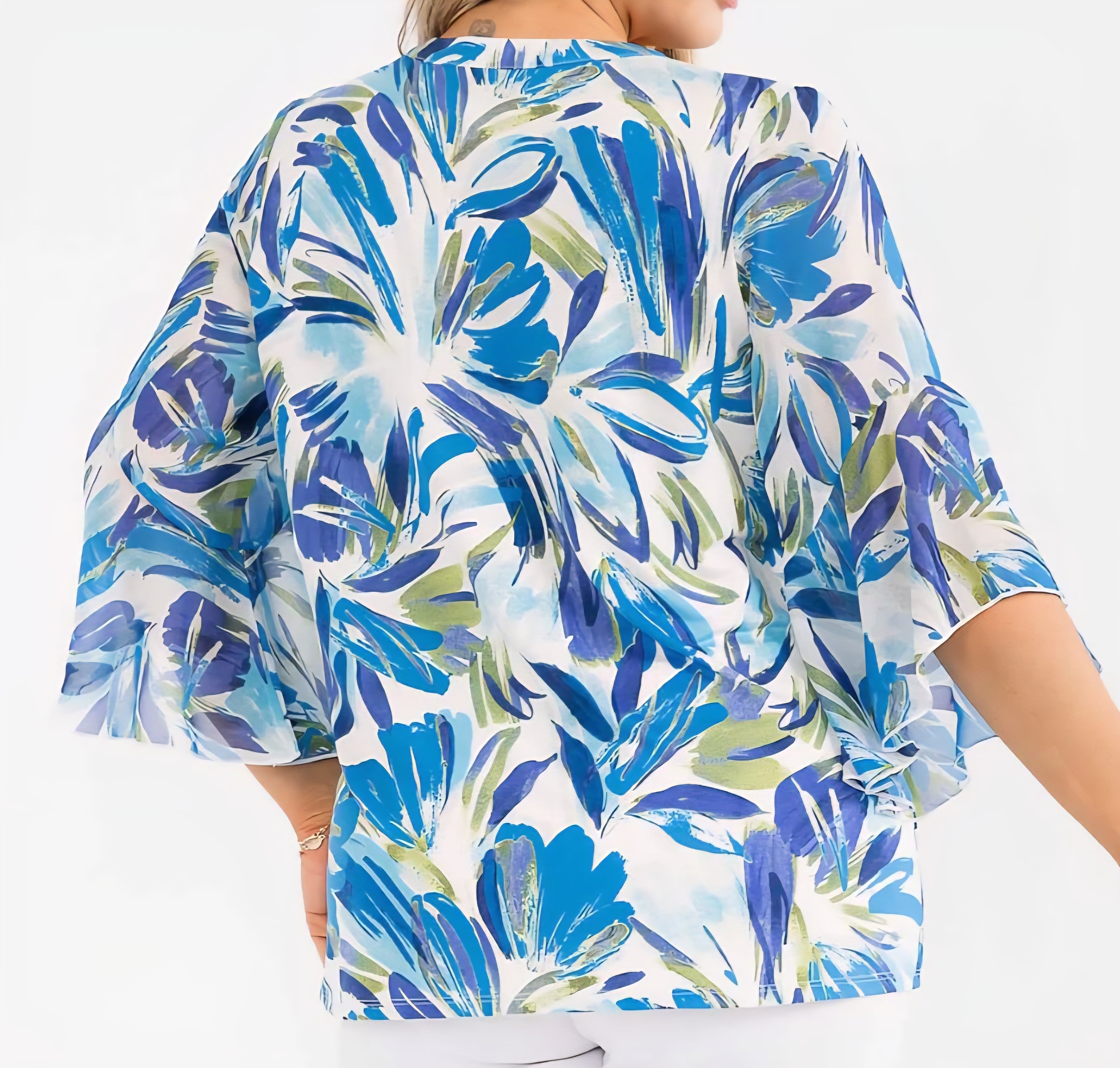 PLUS SIZE BLUE FLORAL MIX SPLIT V-NOTCH MANDARIN COLLAR 3/4 LENGTH FLARE SLEEVES