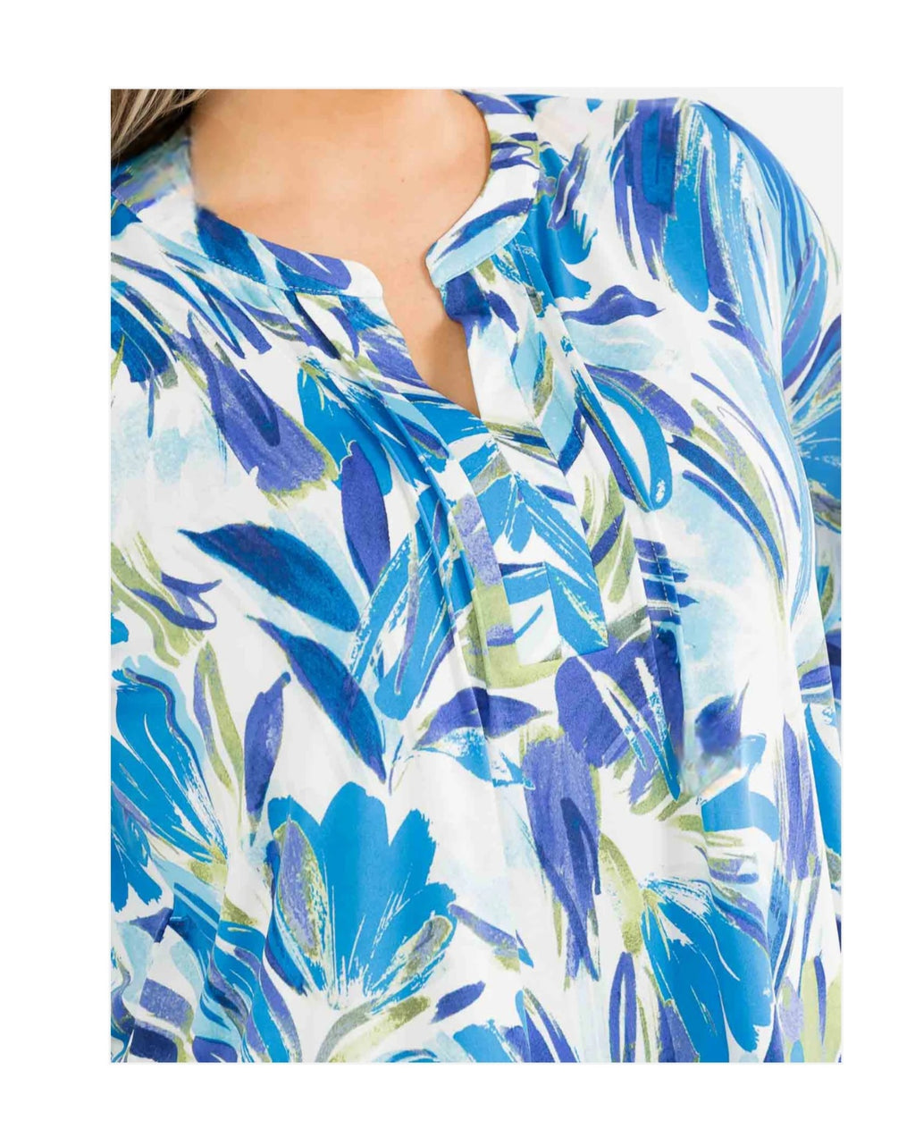 PLUS SIZE BLUE FLORAL MIX SPLIT V-NOTCH MANDARIN COLLAR 3/4 LENGTH FLARE SLEEVES
