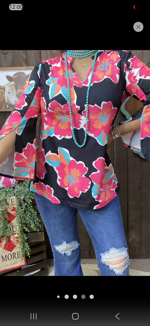 Bold Floral Bell Sleeve Tunic Top – Black, Pink & Teal | Southern Stitch | S, L, 3X