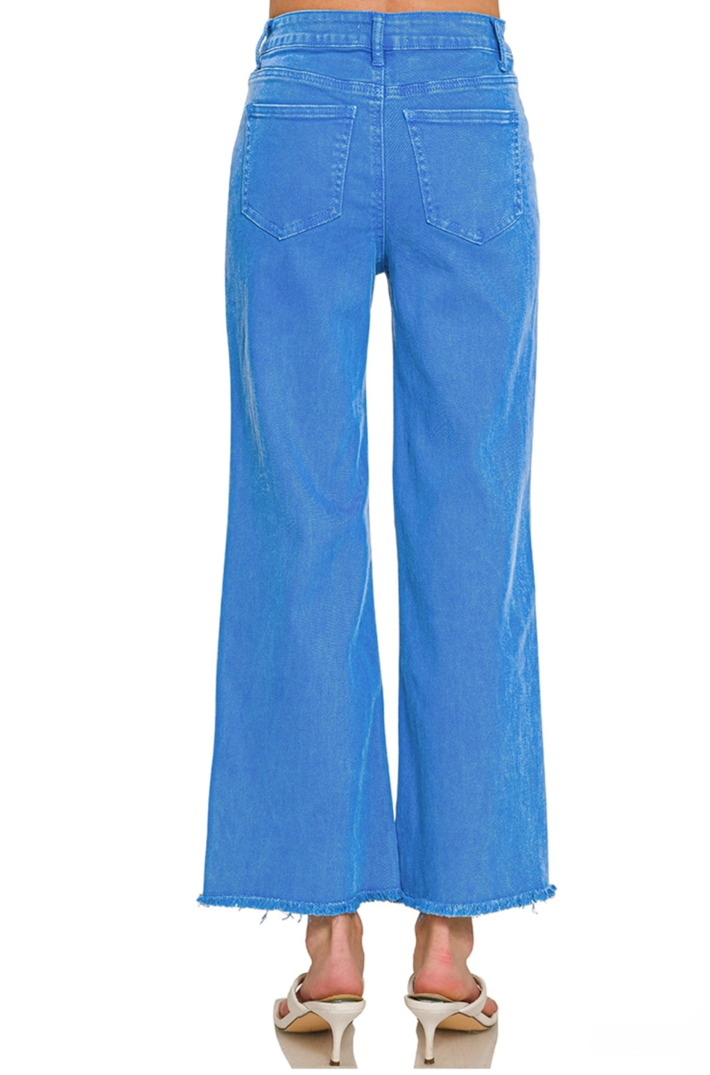 ZENANA ACID WASHED STRAIGHT WIDE PANTS FRAYED HEM CROPPED JEANS | Ocean Blue