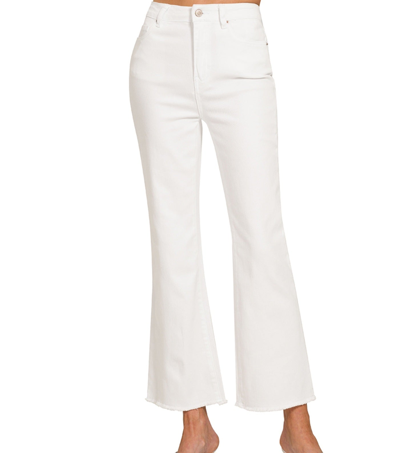 ZENANA HW ACID WASHED FRAYED HEM BOOTCUT CROPPED JEANS | White