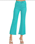 ZENANA HW ACID WASHED FRAYED HEM BOOTCUT CROPPED JEANS | Turquoise