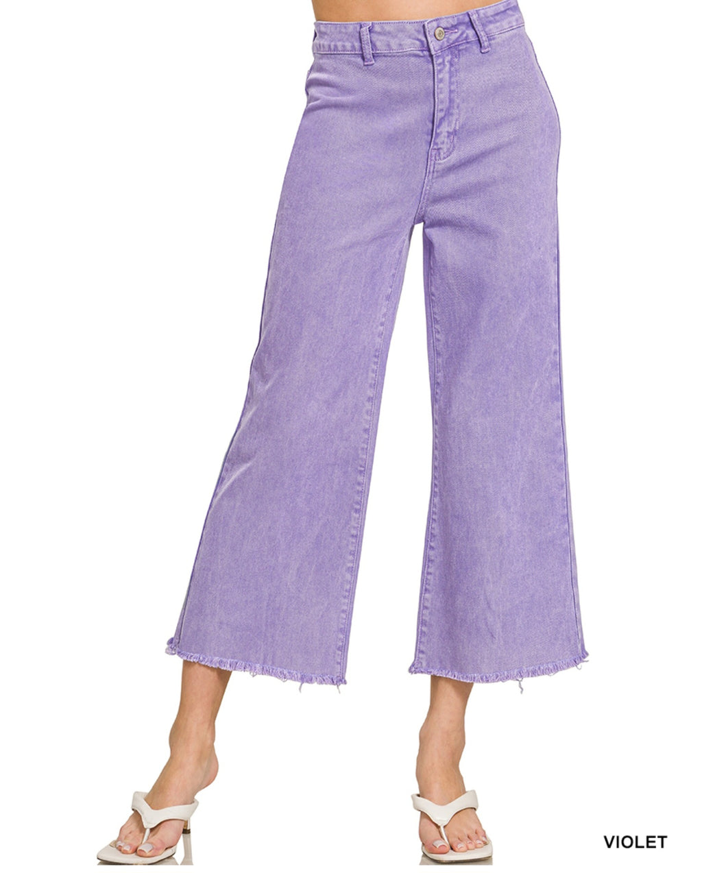 ACID WASHED HW STRAIGHT BOOTCUT FRAYED HEM CROPPED JEANS | Violet