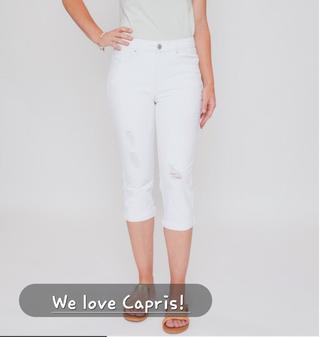 Missy HR Hide Your Muffin Top Stretch Distressed Cuffed Capri Pants