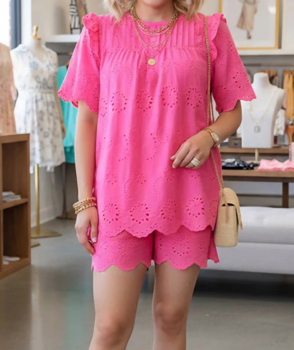Southern Stitch Pink Eyelet Embroidery Detail Shorts 2-Piece Set