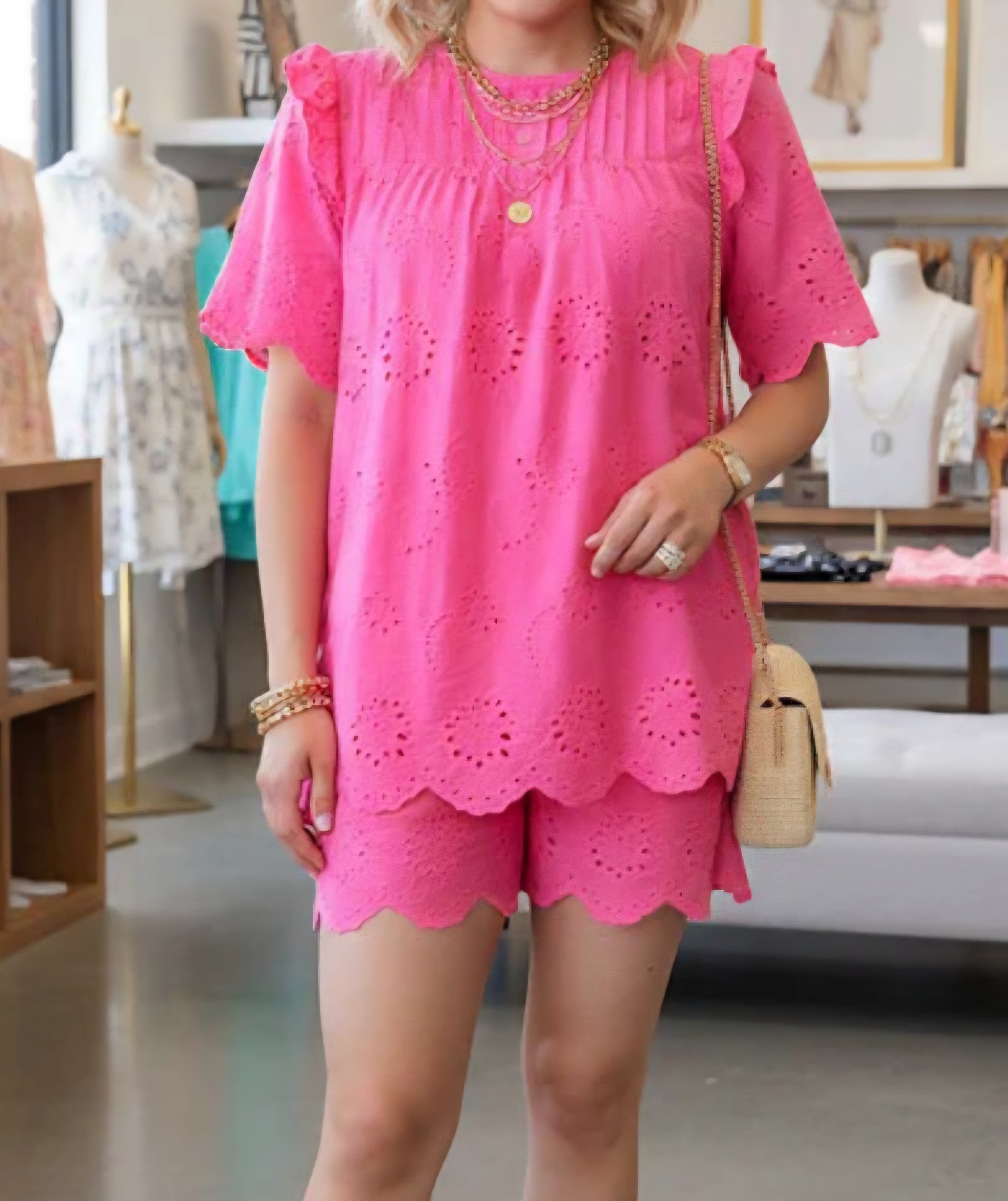 Southern Stitch Pink Eyelet Embroidery Detail Shorts 2-Piece Set
