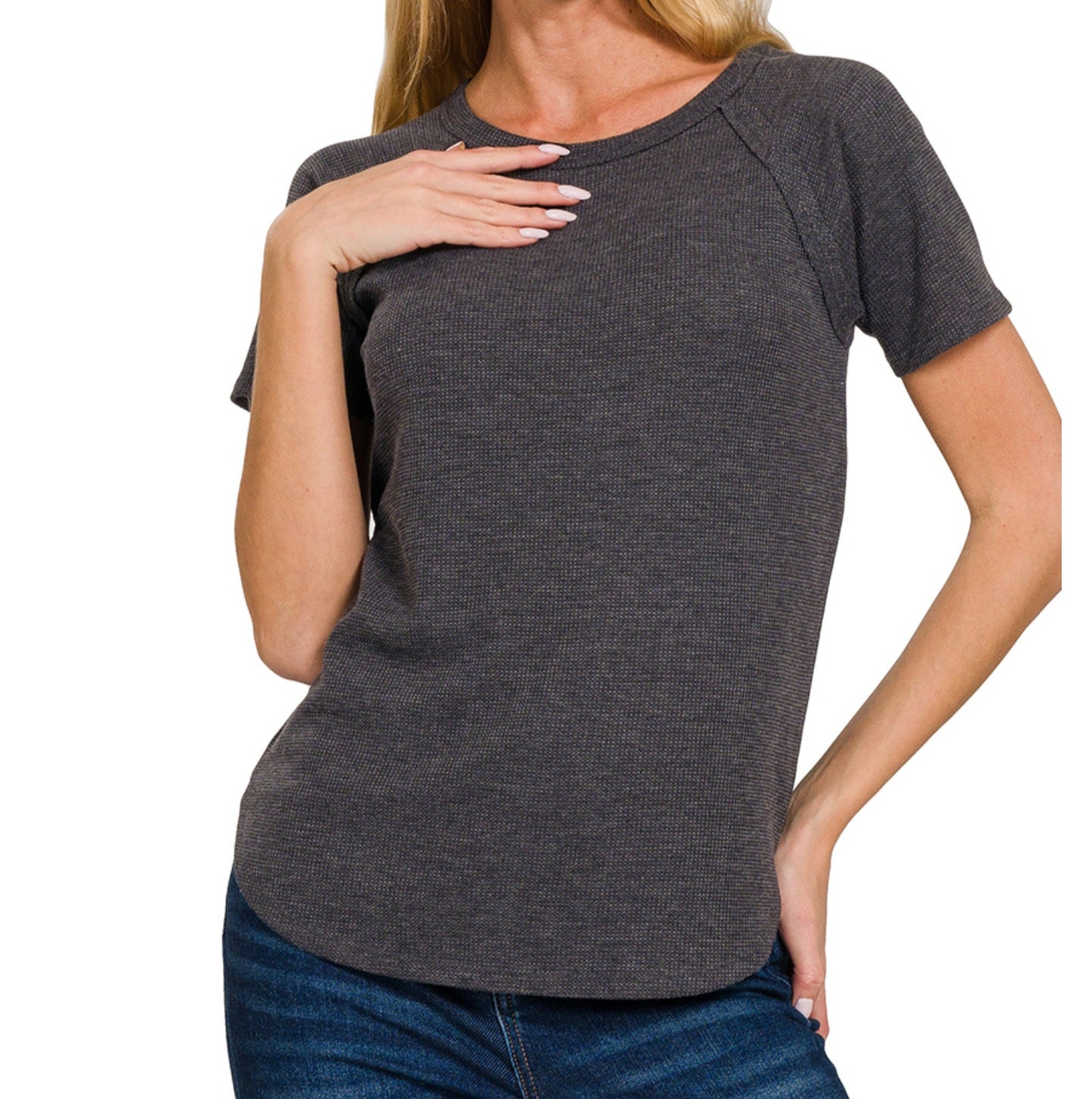 Zenana Baby Waffle Short Sleeve Top | Cabernet Red, Black & Sand Beige
