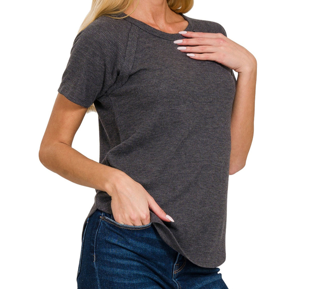 Zenana Baby Waffle Short Sleeve Top | Cabernet Red, Black & Sand Beige