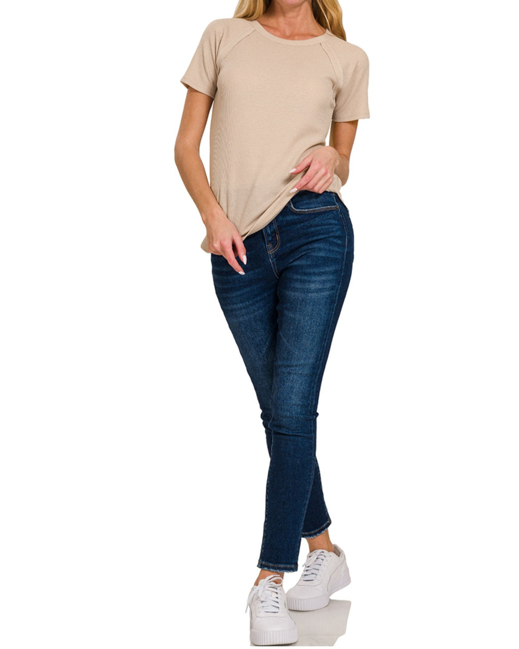 Zenana Baby Waffle Short Sleeve Top | Cabernet Red, Black & Sand Beige