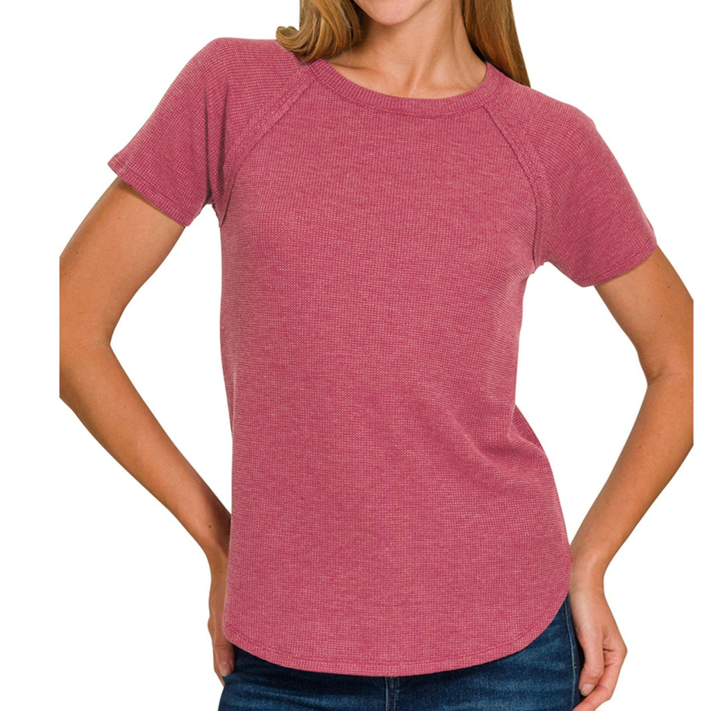 Zenana Baby Waffle Short Sleeve Top | Cabernet Red, Black & Sand Beige