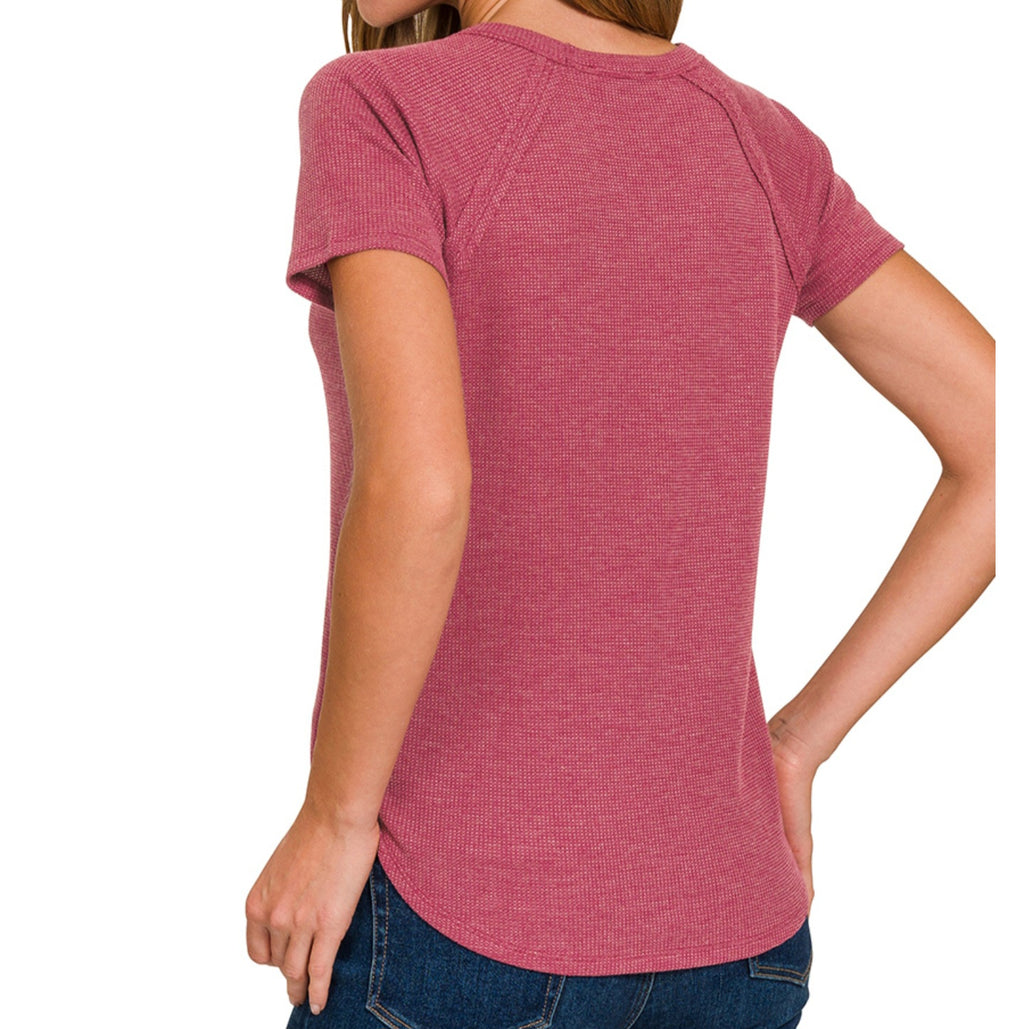 Zenana Baby Waffle Short Sleeve Top | Cabernet Red, Black & Sand Beige