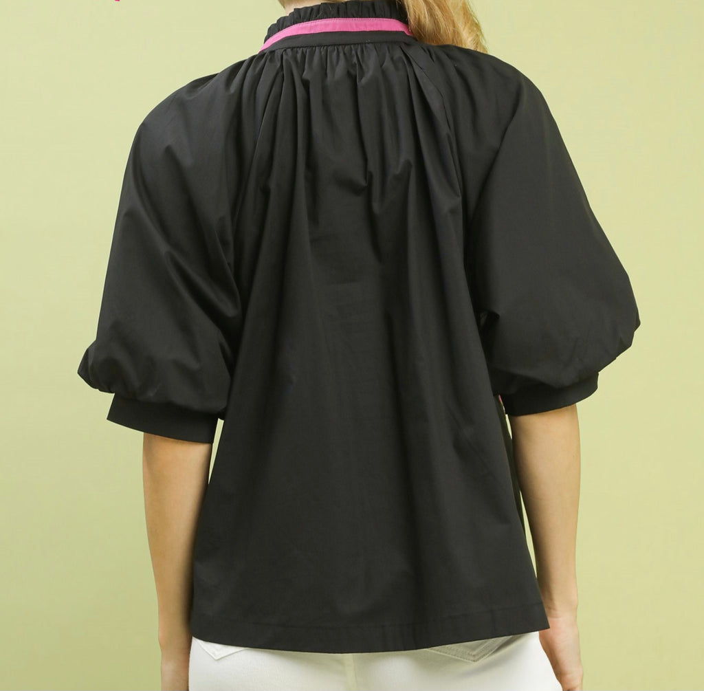 Umgee Black Top with Striking Mix Floral Print & Contrasting Trim