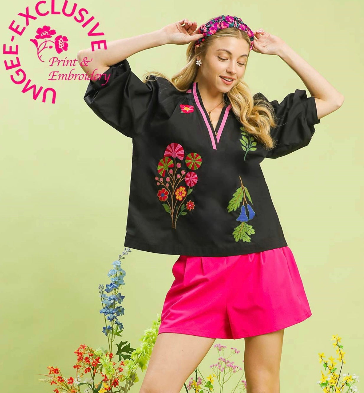 Umgee Black Top with Striking Mix Floral Print & Contrasting Trim