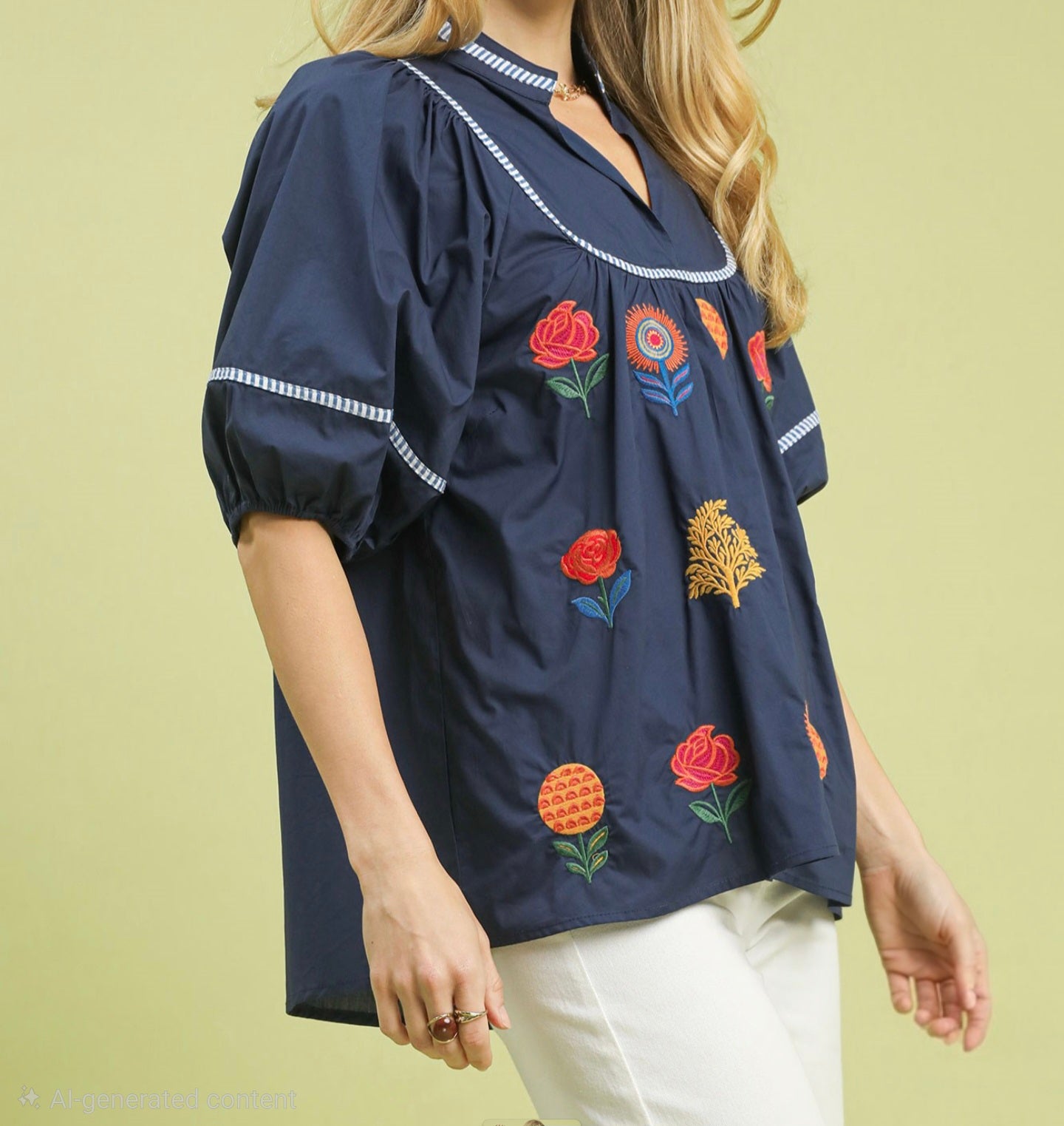 Umgee Navy Top with Striking Bright Color Embroidered Floral Detail with Puff Sleeve