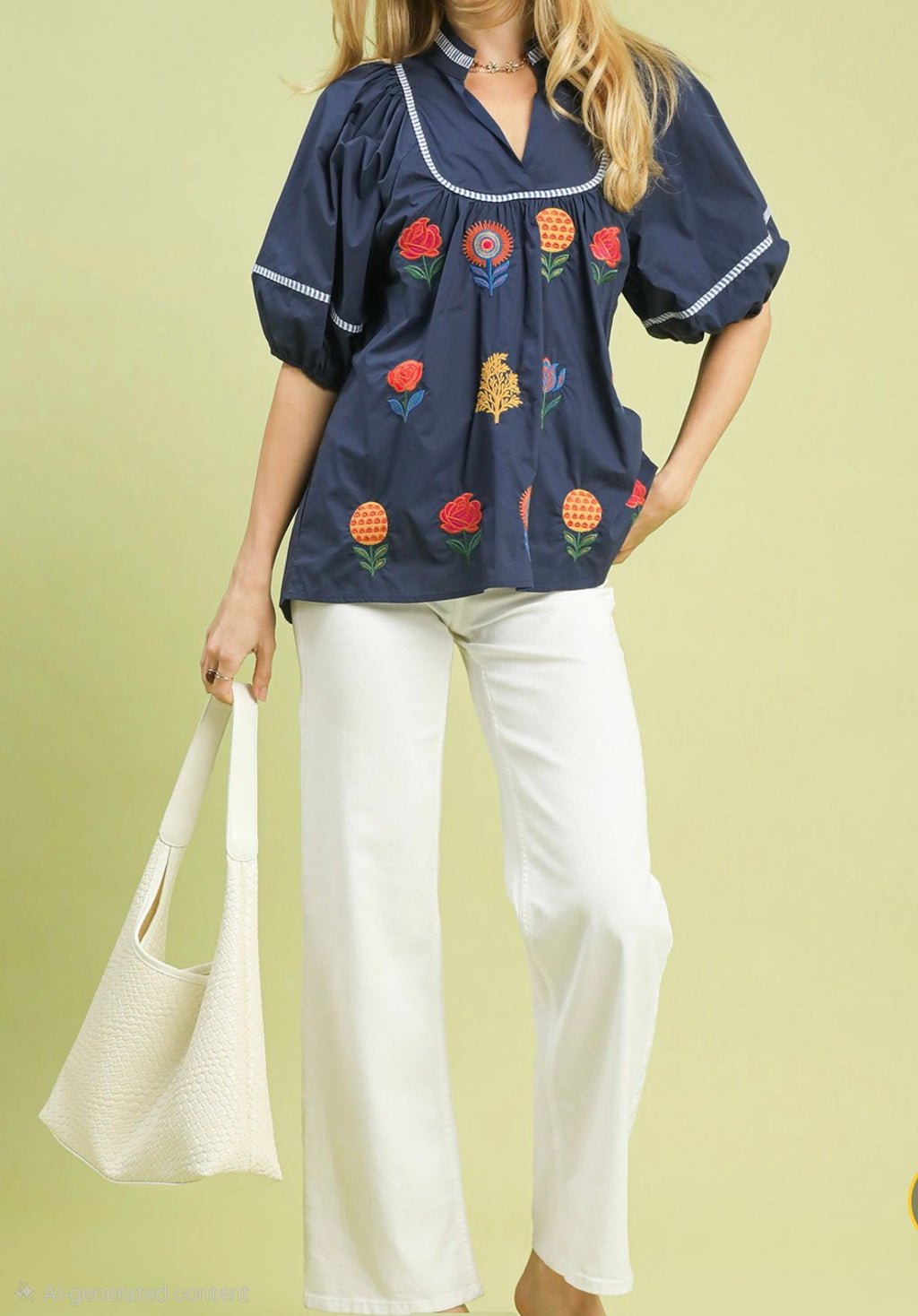 Umgee Navy Top with Striking Bright Color Embroidered Floral Detail with Puff Sleeve