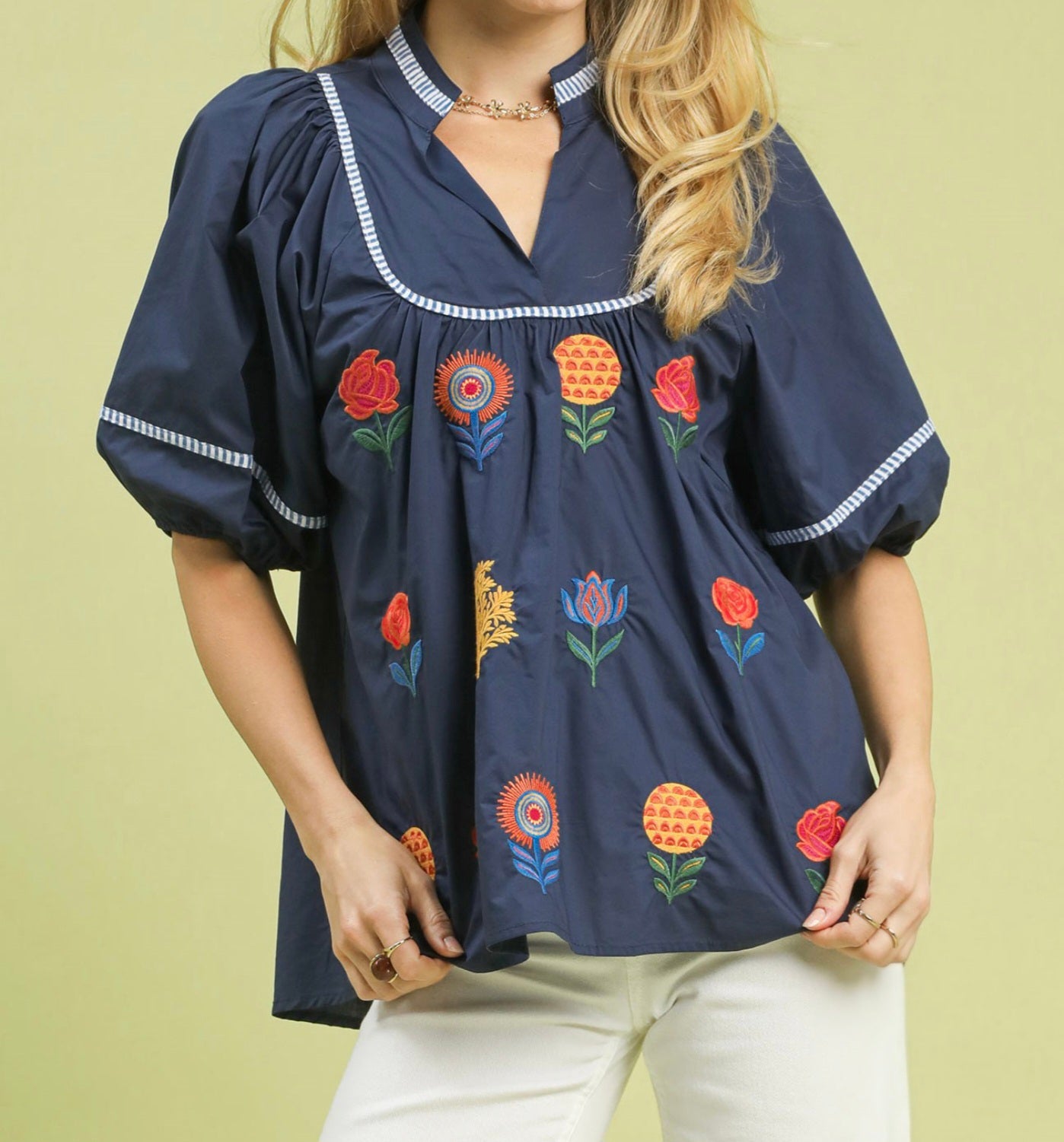 Umgee Navy Top with Striking Bright Color Embroidered Floral Detail with Puff Sleeve