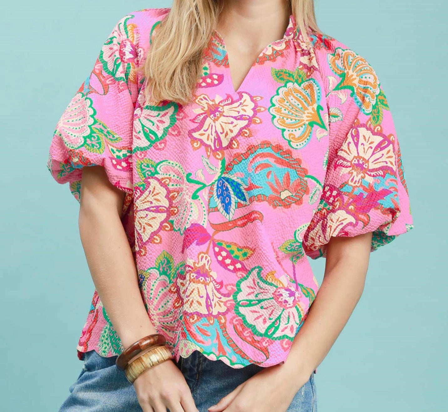 Umgee Pink Mix Floral Print Top with Scallop Hem and Elbow Length Puff Sleeves