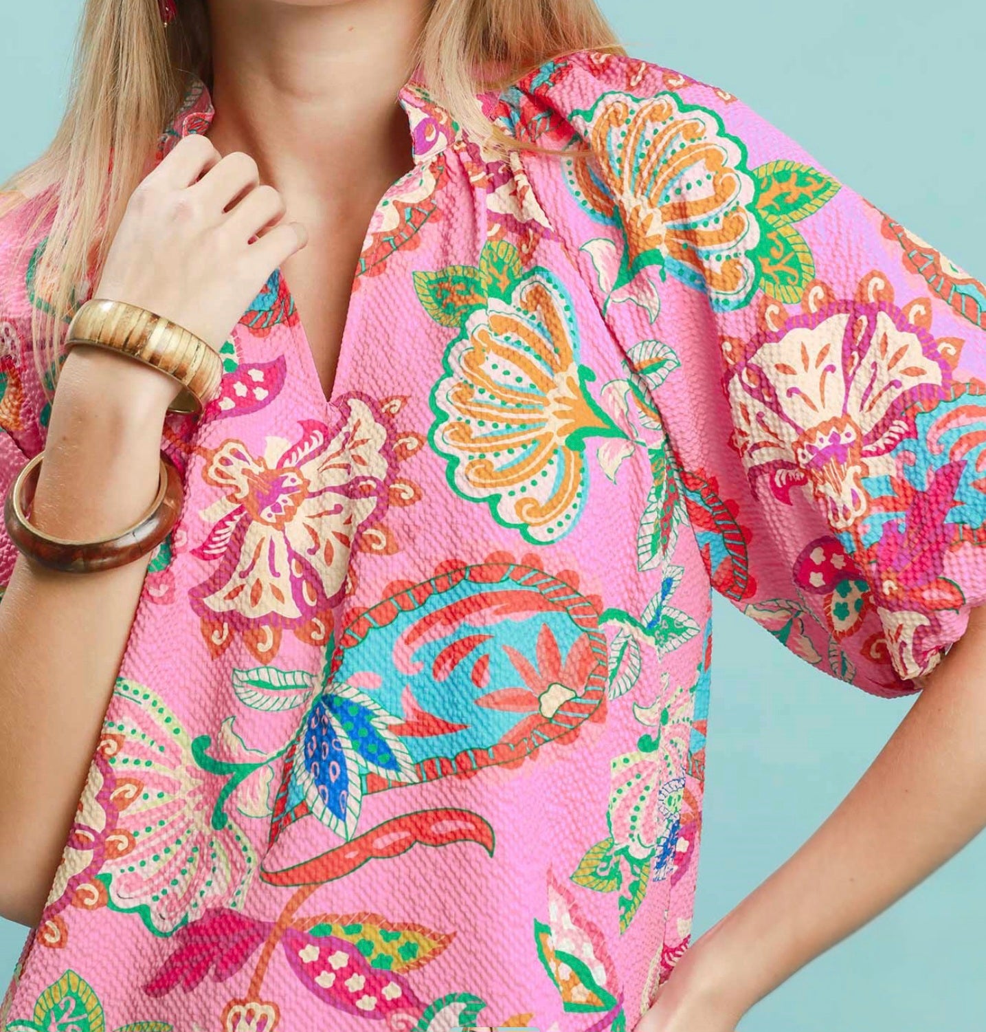 Umgee Pink Mix Floral Print Top with Scallop Hem and Elbow Length Puff Sleeves