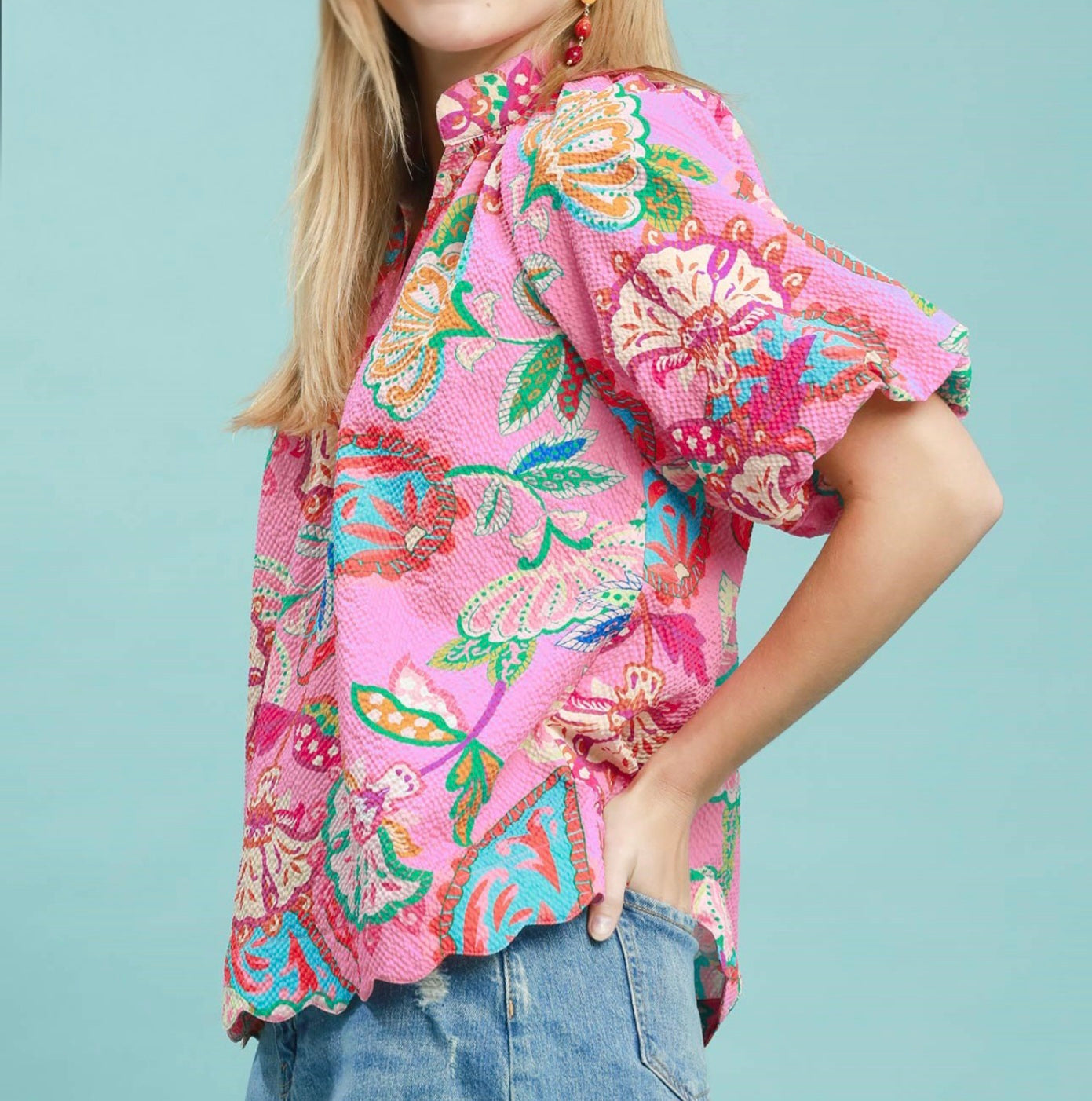 Umgee Pink Mix Floral Print Top with Scallop Hem and Elbow Length Puff Sleeves