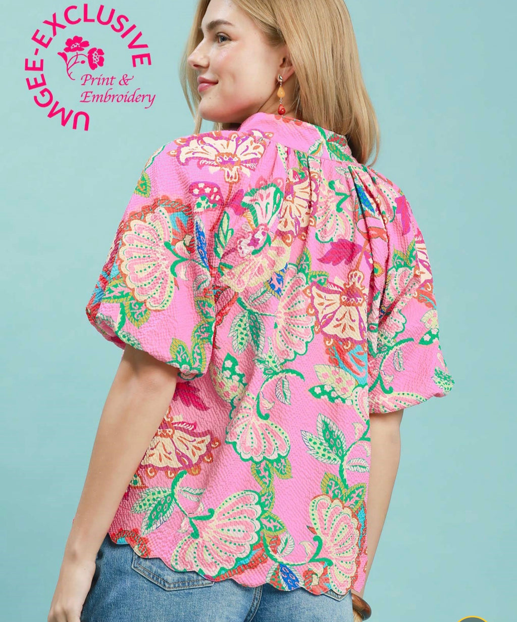 Umgee Pink Mix Floral Print Top with Scallop Hem and Elbow Length Puff Sleeves