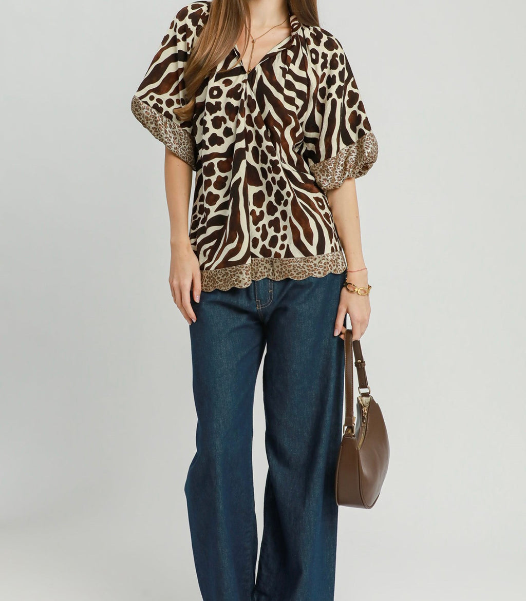Umgee Stunning Mixed Animal Print Top with Puff Sleeve