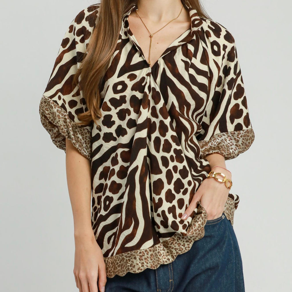 Umgee Stunning Mixed Animal Print Top with Puff Sleeve