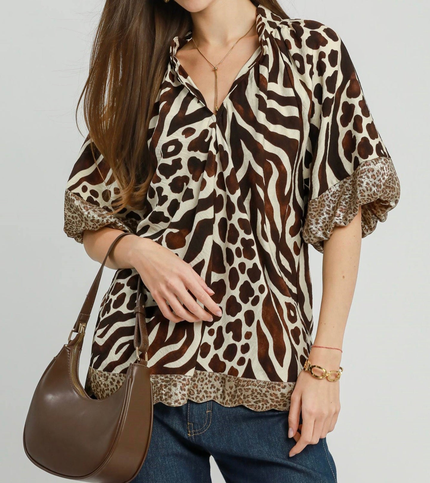 Umgee Stunning Mixed Animal Print Top with Puff Sleeve