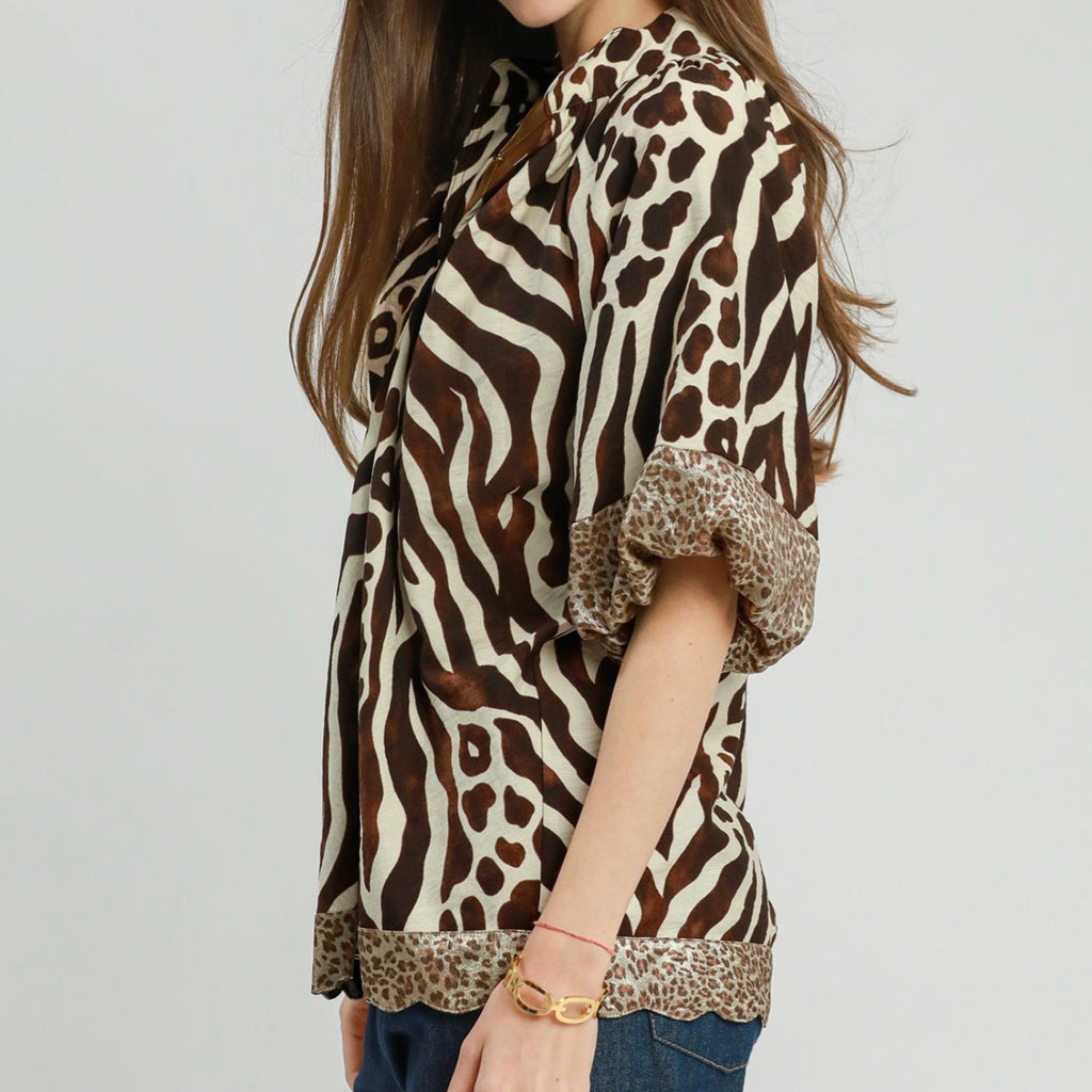 Umgee Stunning Mixed Animal Print Top with Puff Sleeve