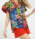 Umgee Black Embroidered Floral V-Neck Top | Puff Sleeve