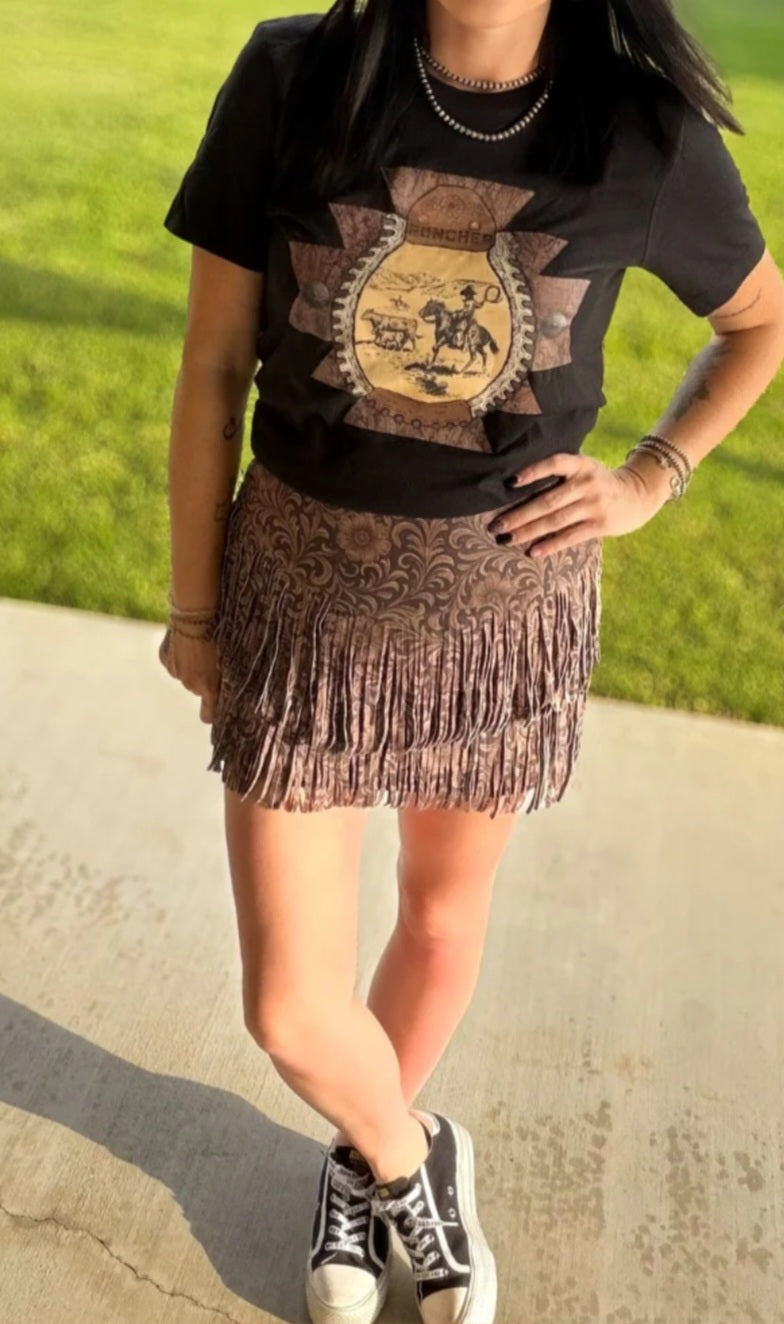 Sterling Kreek Ft Worth Fringe Skort | Tooled Leather Print