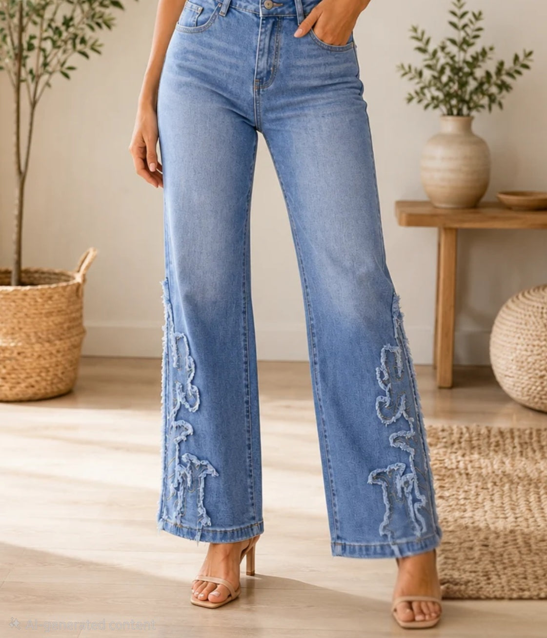 Light Wash High-Rise Wide Leg Jeans with Western Denim Appliqué