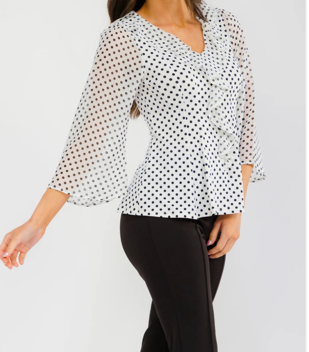White & Black Polka Dot Ruffle Peplum Top | Sheer Bell Sleeves