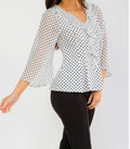 White & Black Polka Dot Ruffle Peplum Top | Sheer Bell Sleeves