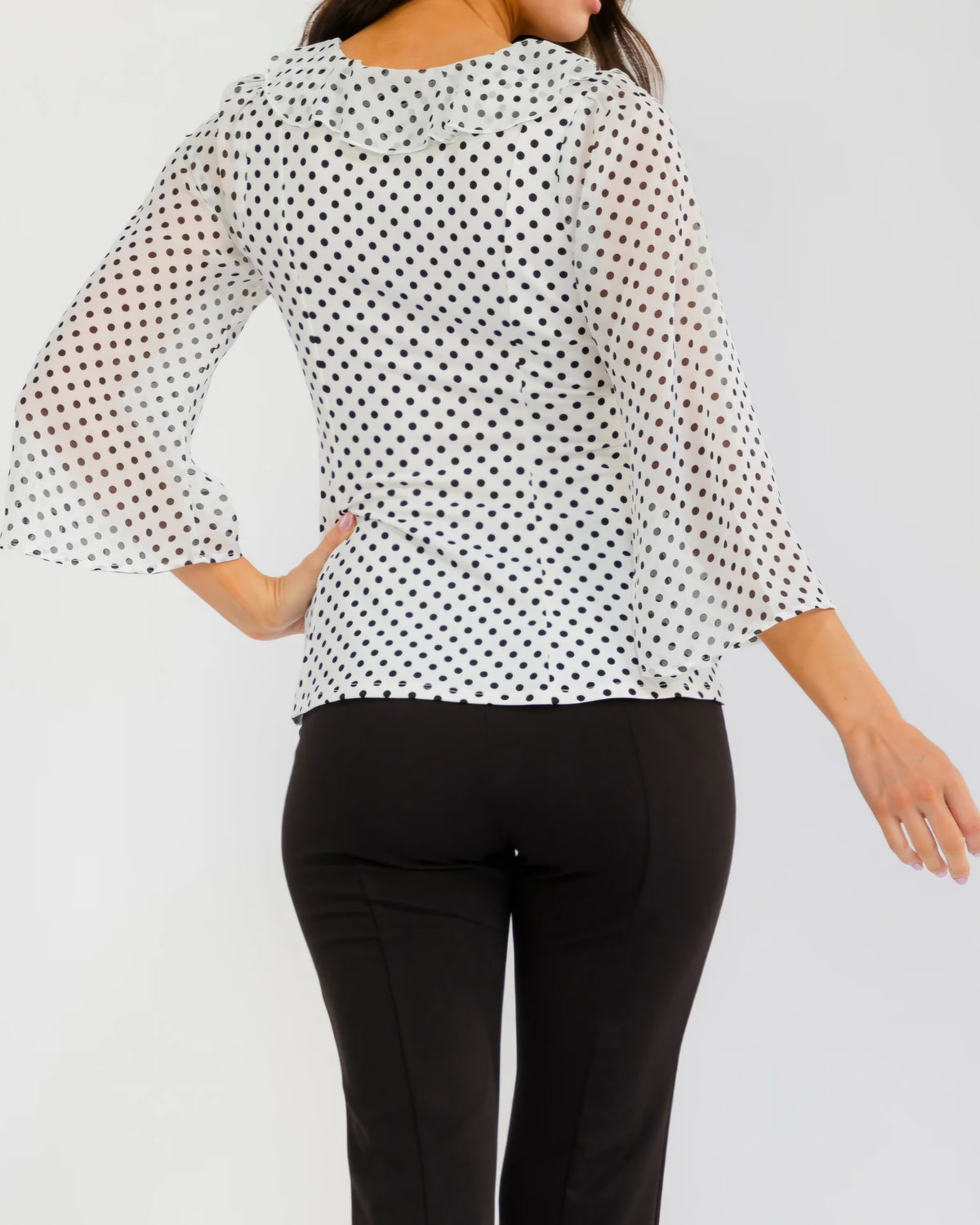 White & Black Polka Dot Ruffle Peplum Top | Sheer Bell Sleeves