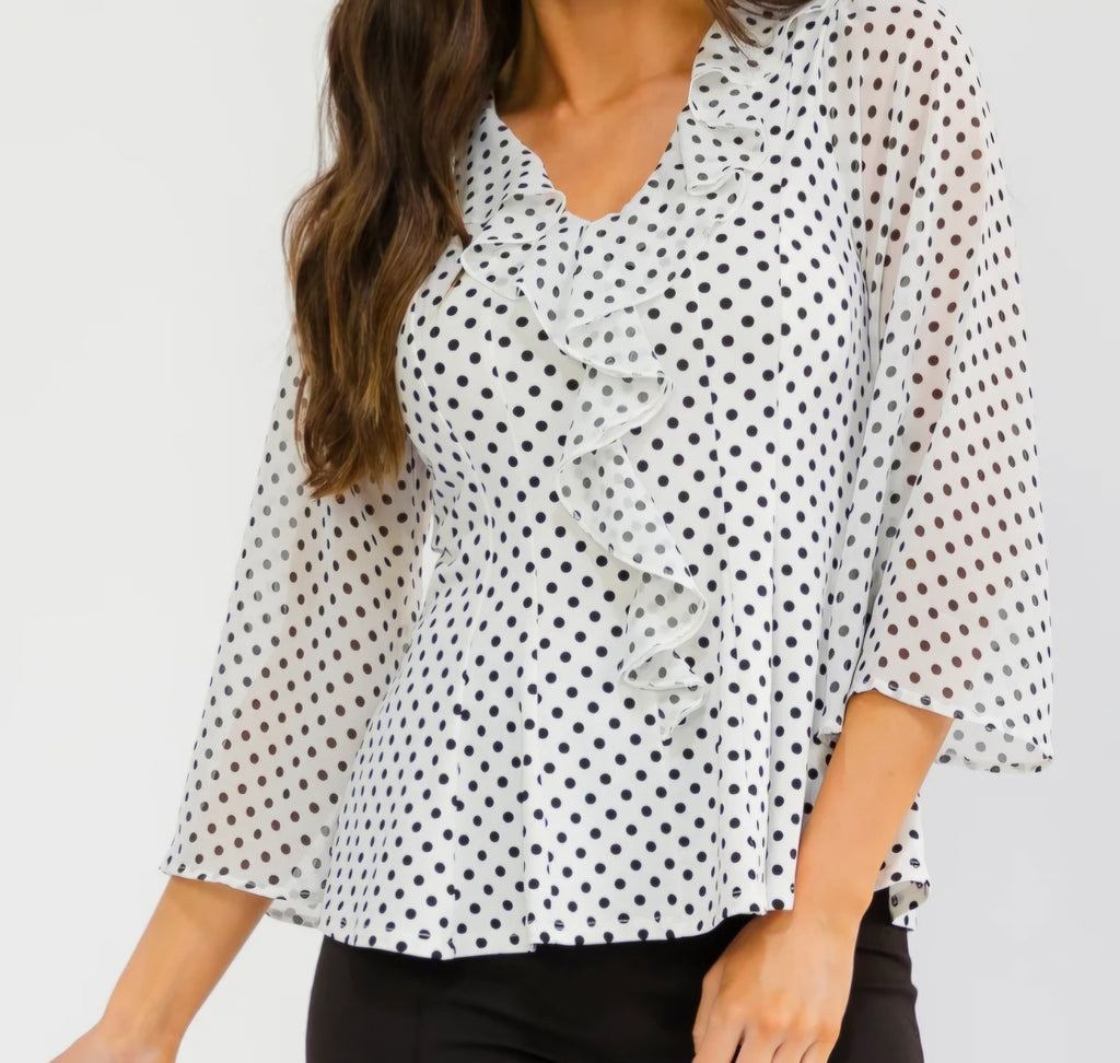 White & Black Polka Dot Ruffle Peplum Top | Sheer Bell Sleeves