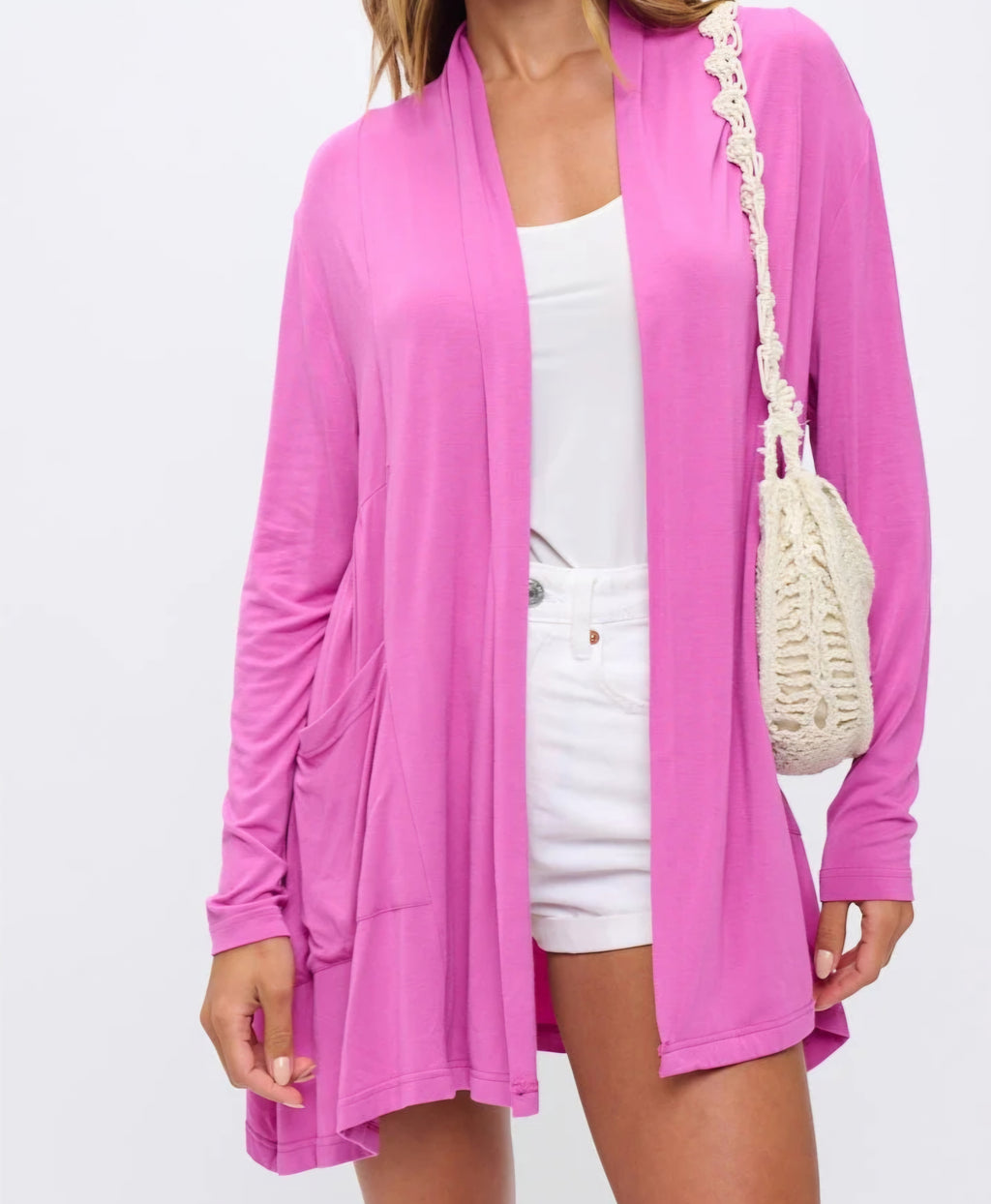 Perseption Orchid Pink Longline Cardigan – Open Front with Pockets
