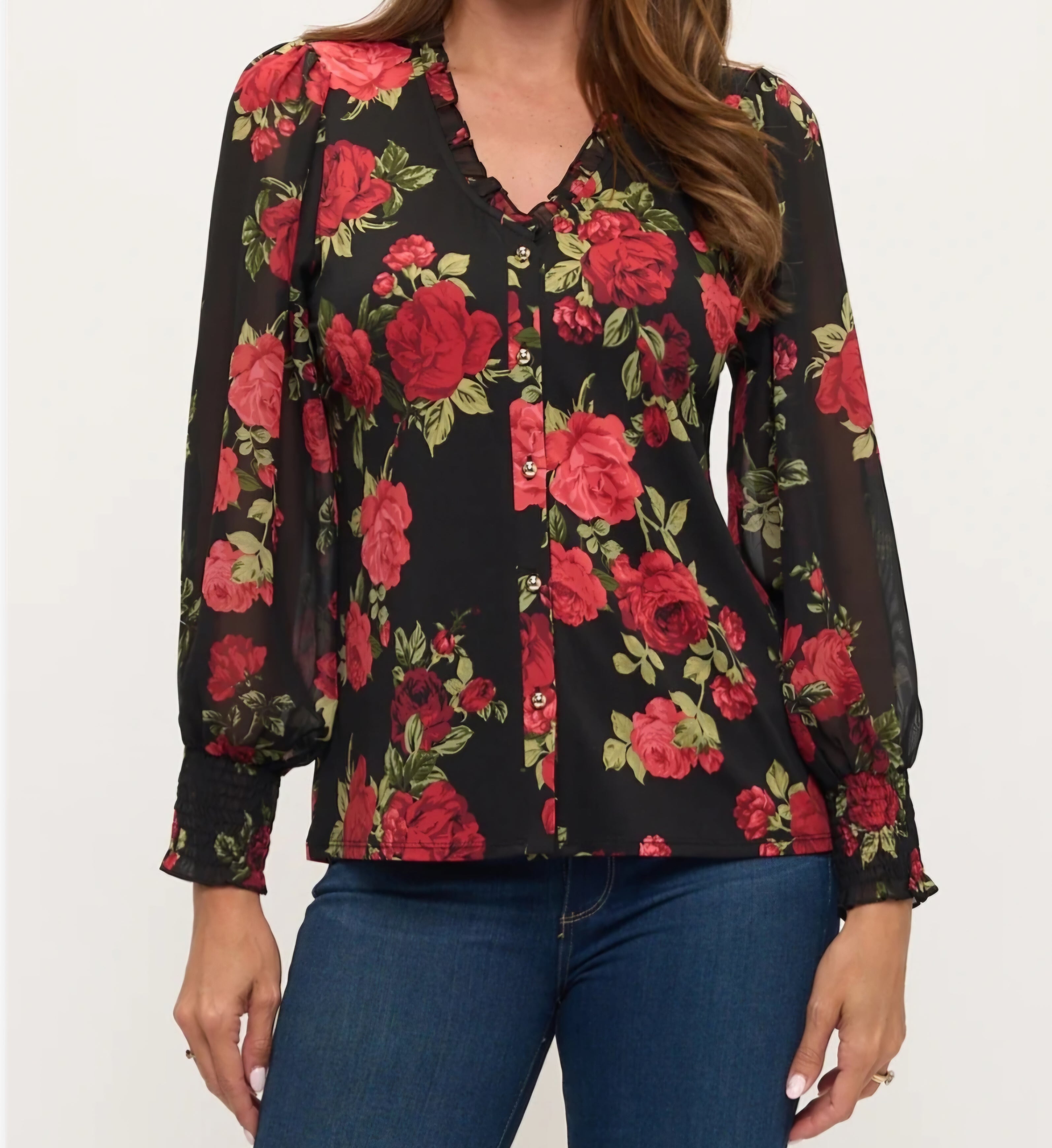 Black & Red Rose Print Button-Down Blouse | Sheer Blouson Sleeves