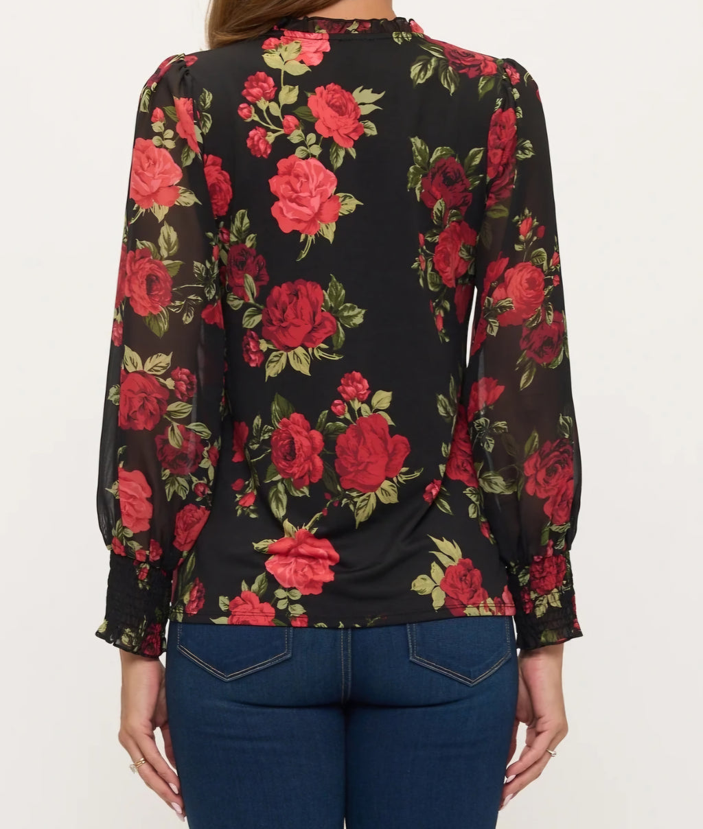 Black & Red Rose Print Button-Down Blouse | Sheer Blouson Sleeves
