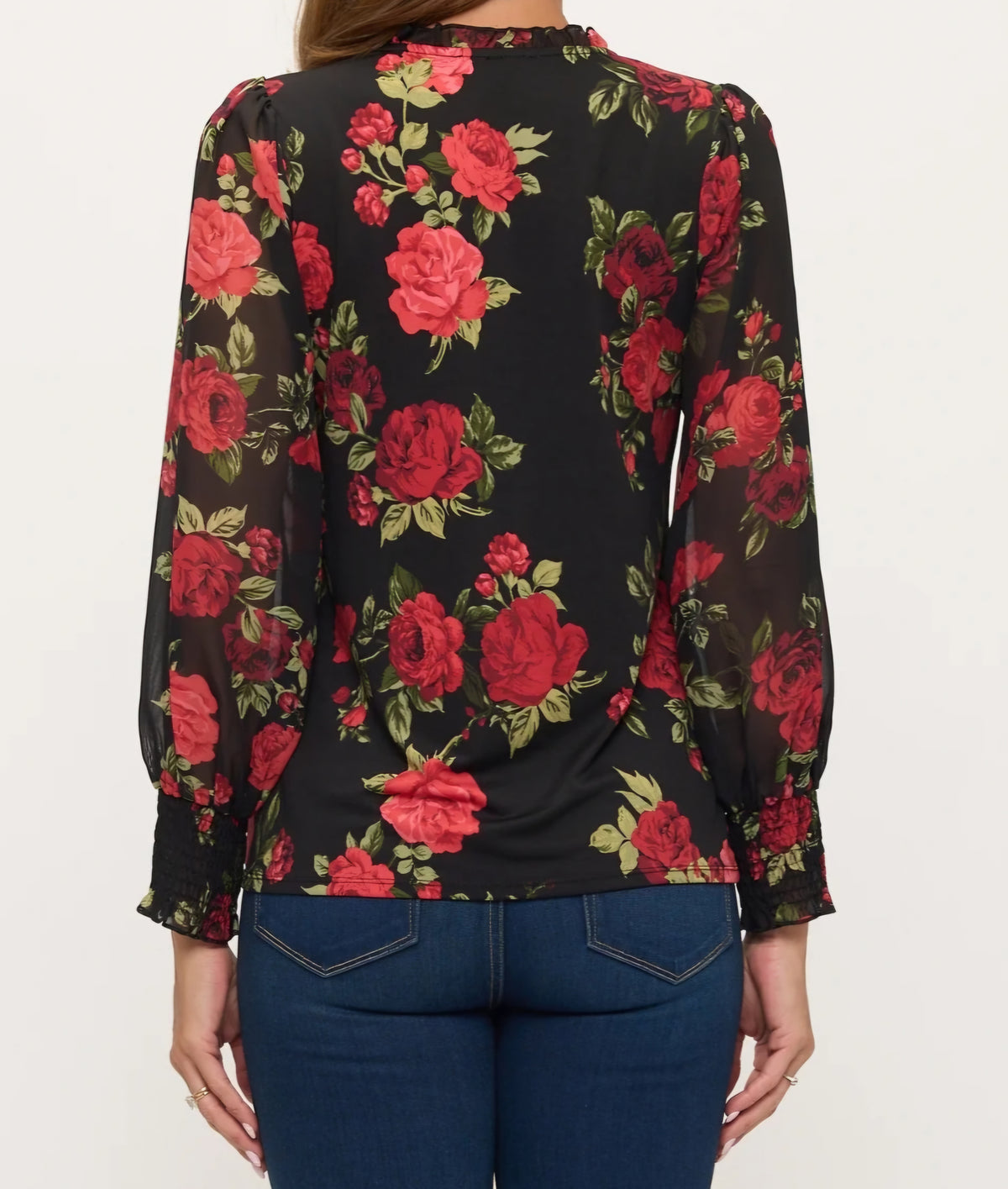 Black & Red Rose Print Button-Down Blouse | Sheer Blouson Sleeves