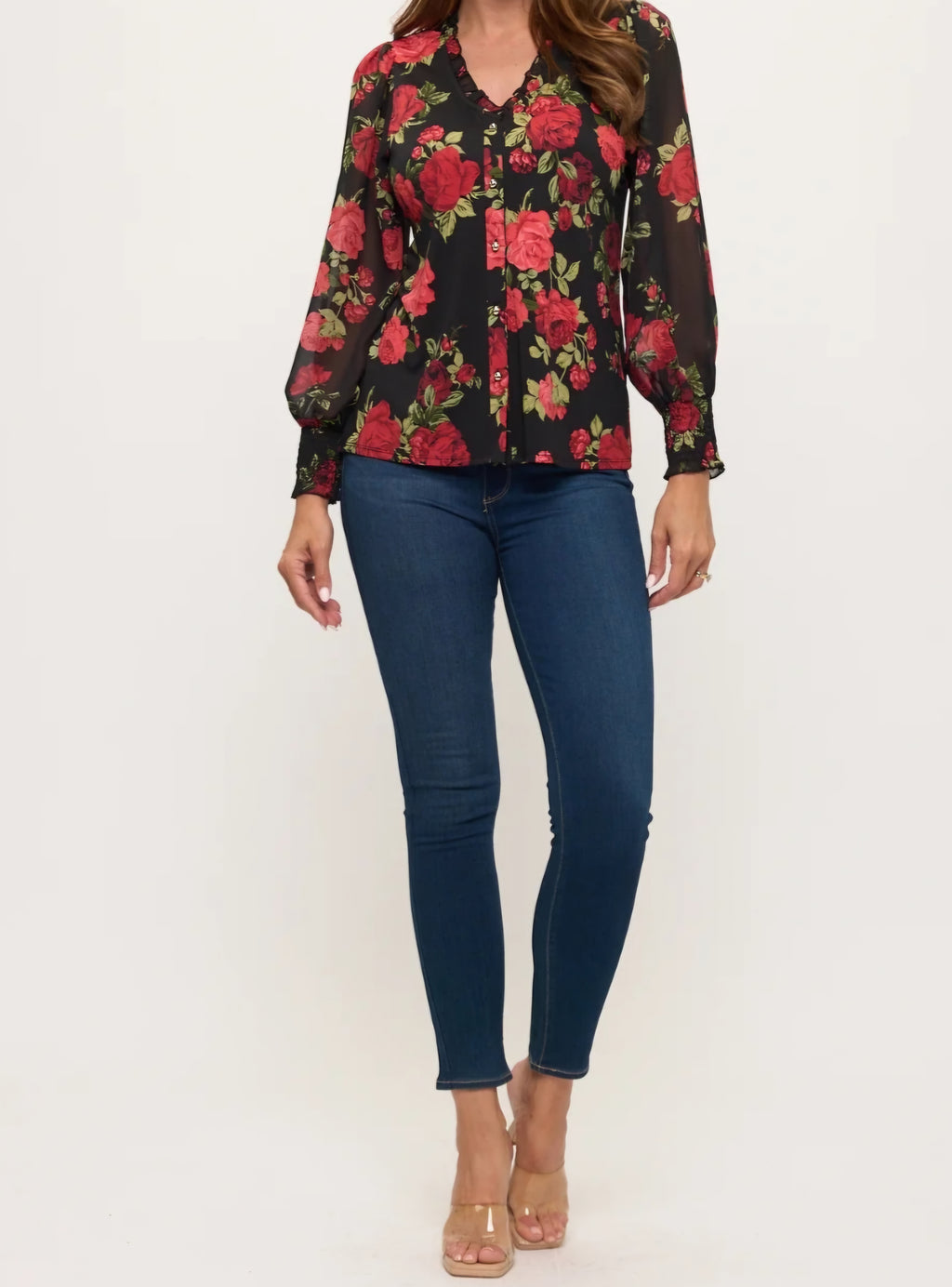 Black & Red Rose Print Button-Down Blouse | Sheer Blouson Sleeves