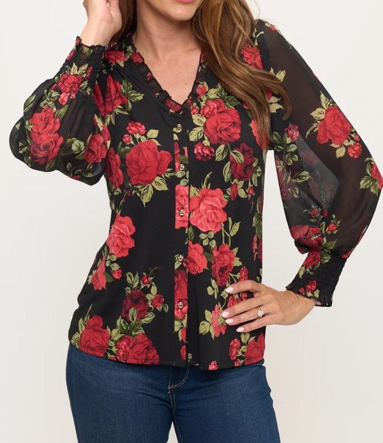 Black & Red Rose Print Button-Down Blouse | Sheer Blouson Sleeves