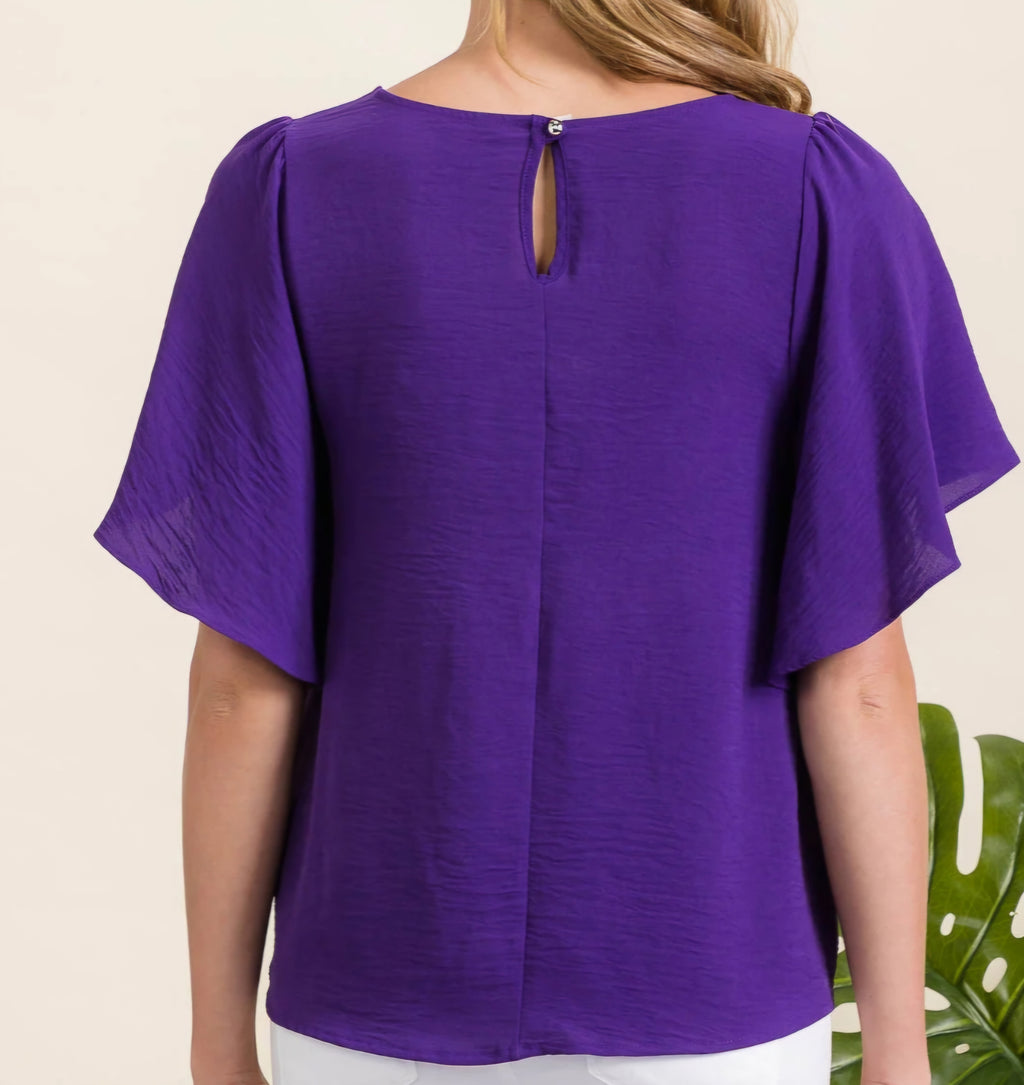 Purple Flutter Sleeve Keyhole Back Top