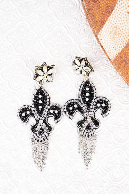 Fleur De Lis Black & Clear Rhinestone with Tassels Earrings
